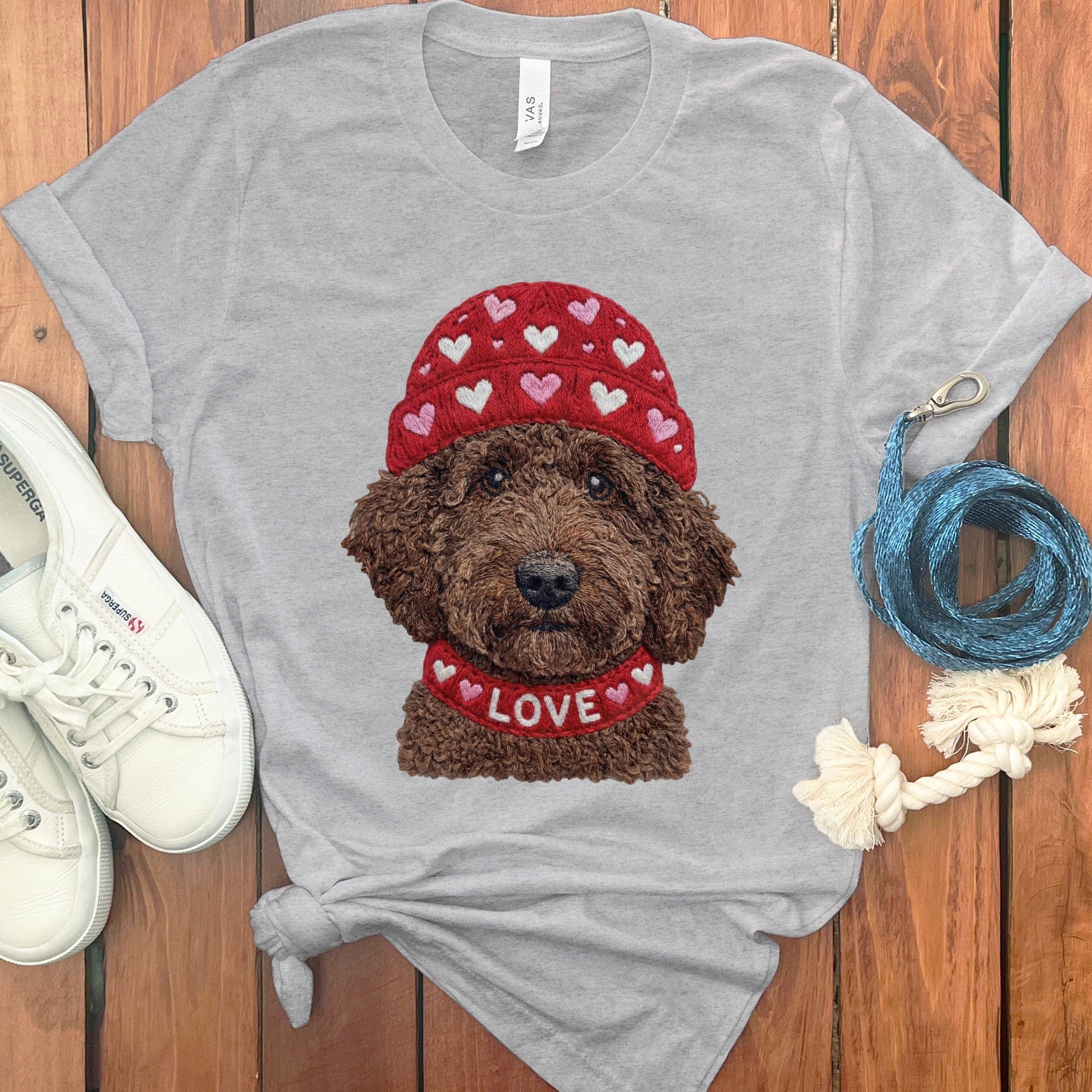 Chocolate Goldendoodle Heart Cap T-Shirt in Athletic Heather / S by Puppy Jo