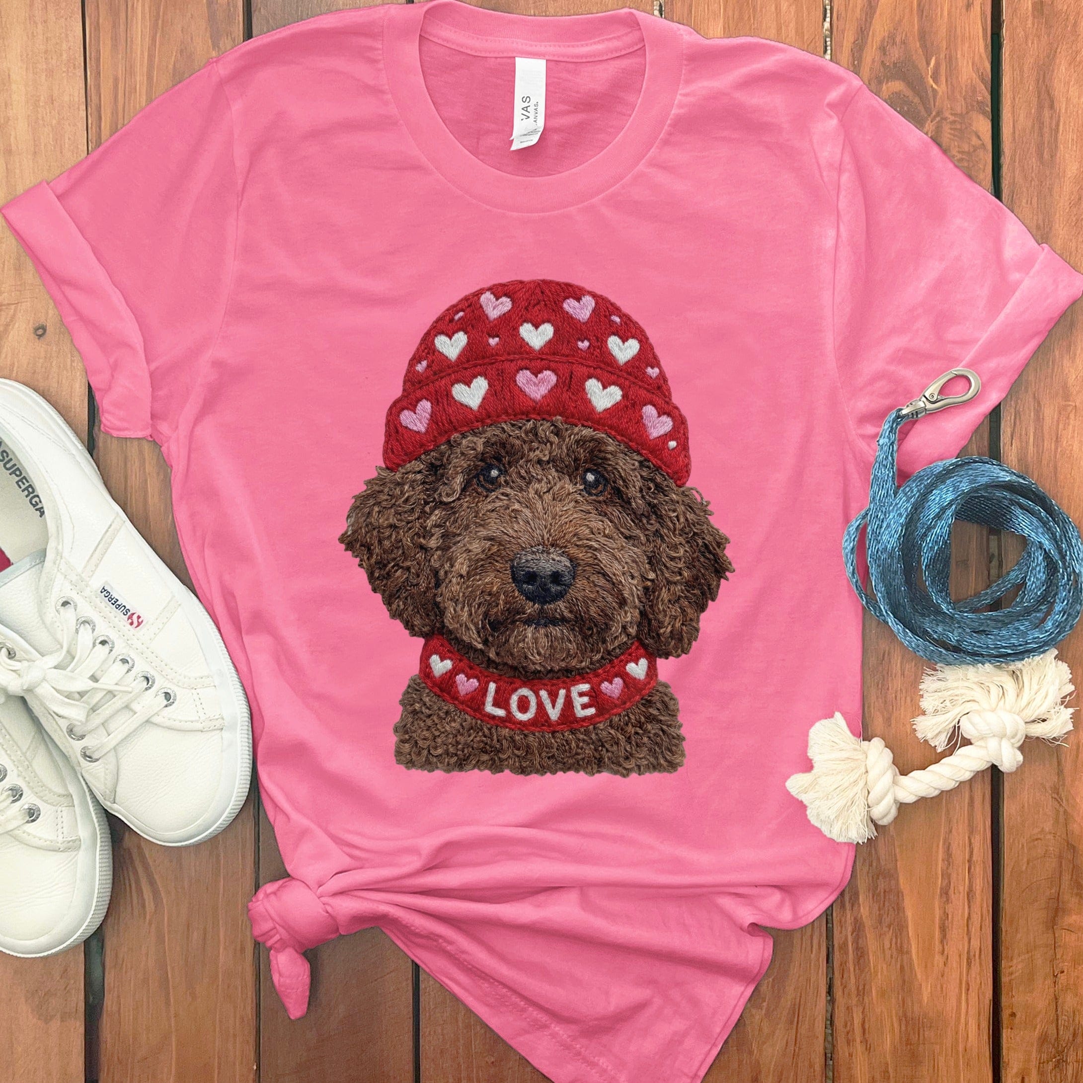 Chocolate Goldendoodle Heart Cap T-Shirt in Charity Pink / S by Puppy Jo