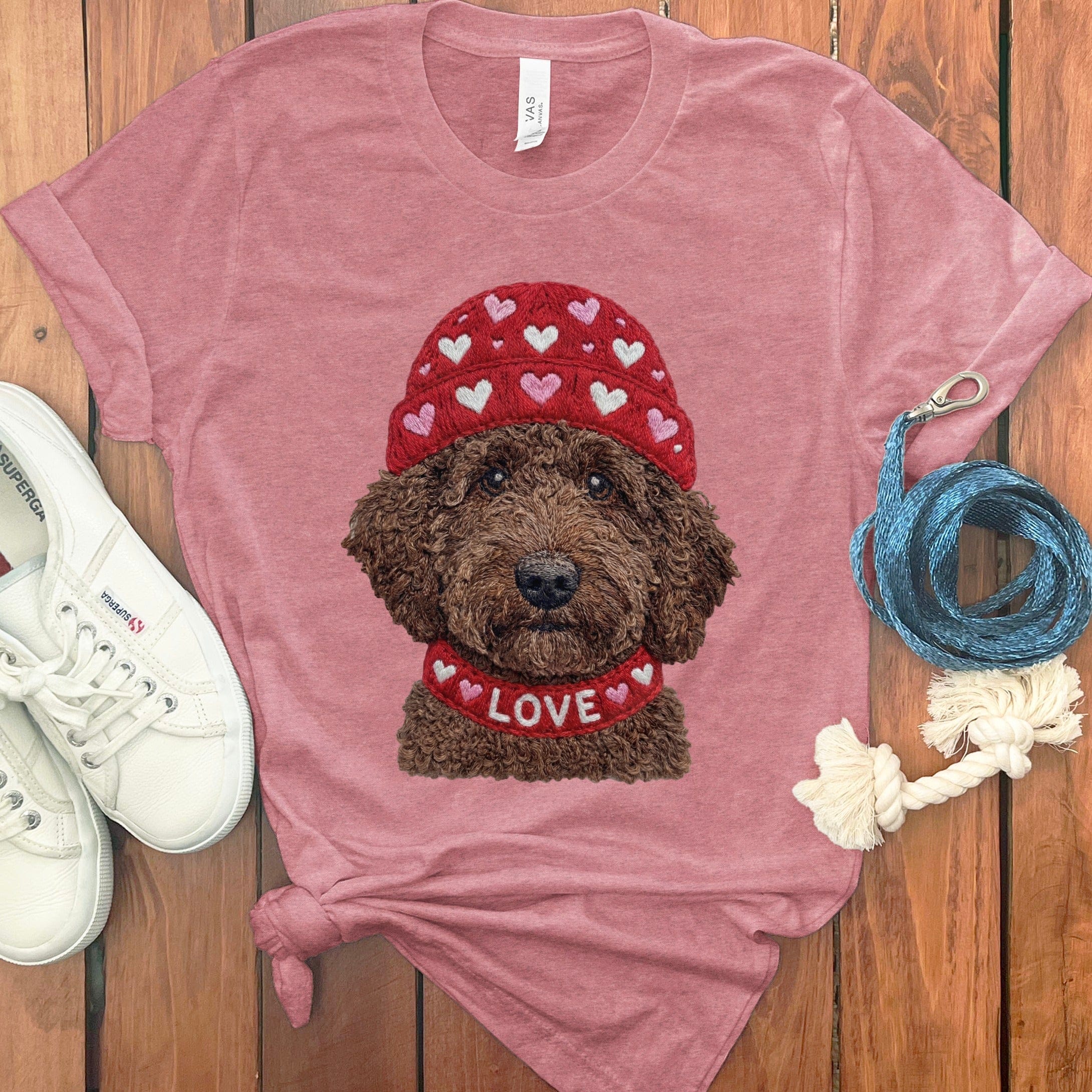 Chocolate Goldendoodle Heart Cap T-Shirt in Heather Mauve / S by Puppy Jo