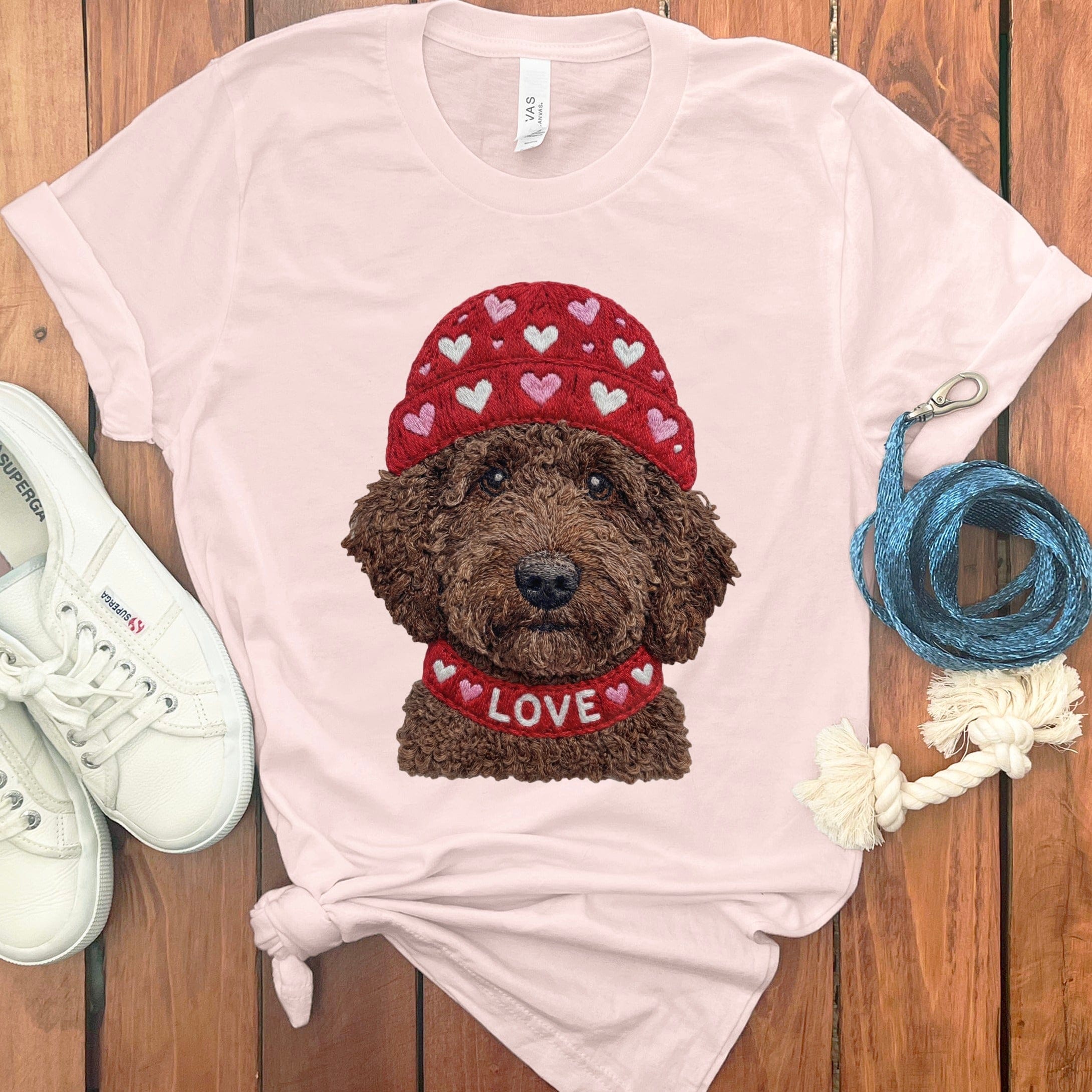 Chocolate Goldendoodle Heart Cap T-Shirt in Soft Pink / S by Puppy Jo