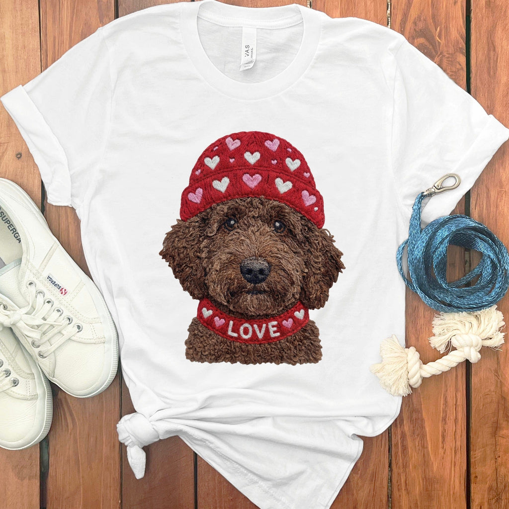 Chocolate Goldendoodle Heart Cap T-Shirt in White / S by Puppy Jo