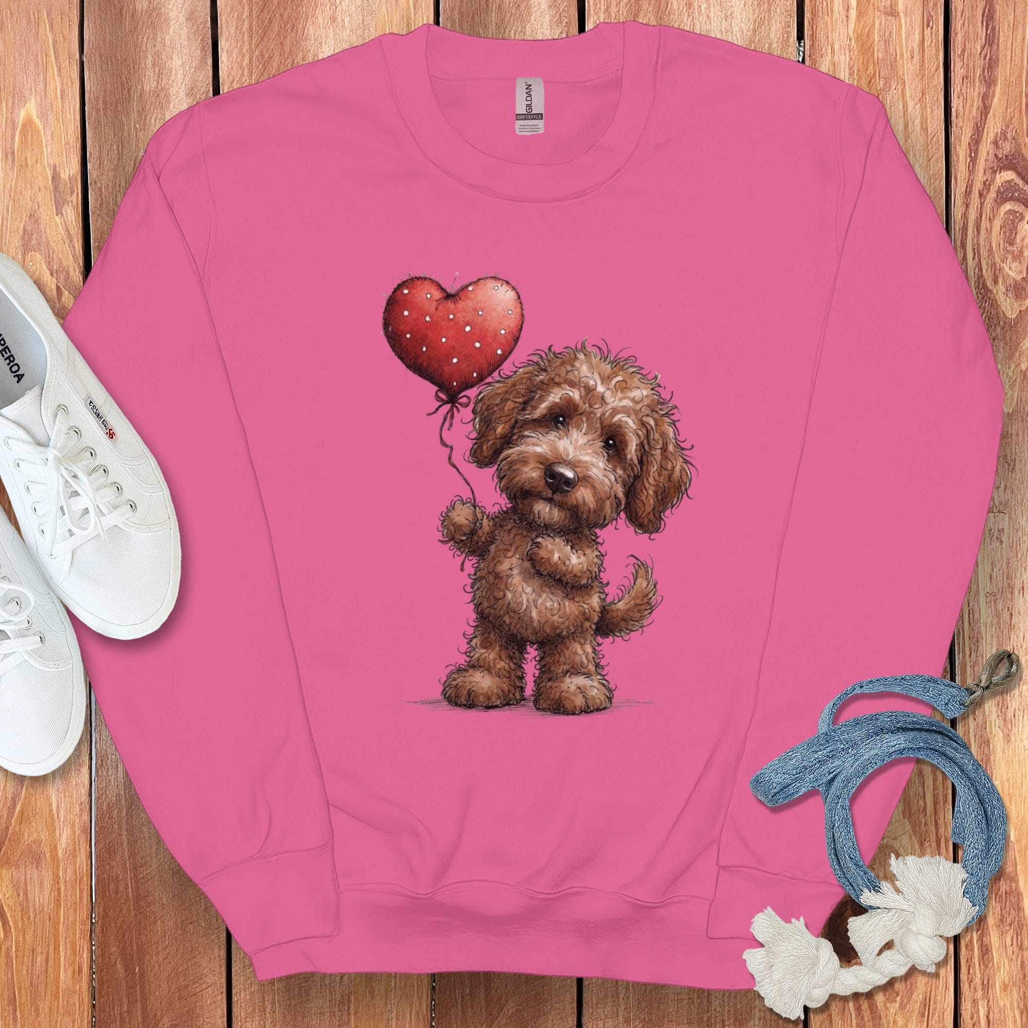 Chocolate Goldendoodle Heart Sweatshirt in Heliconia / S by Puppy Jo