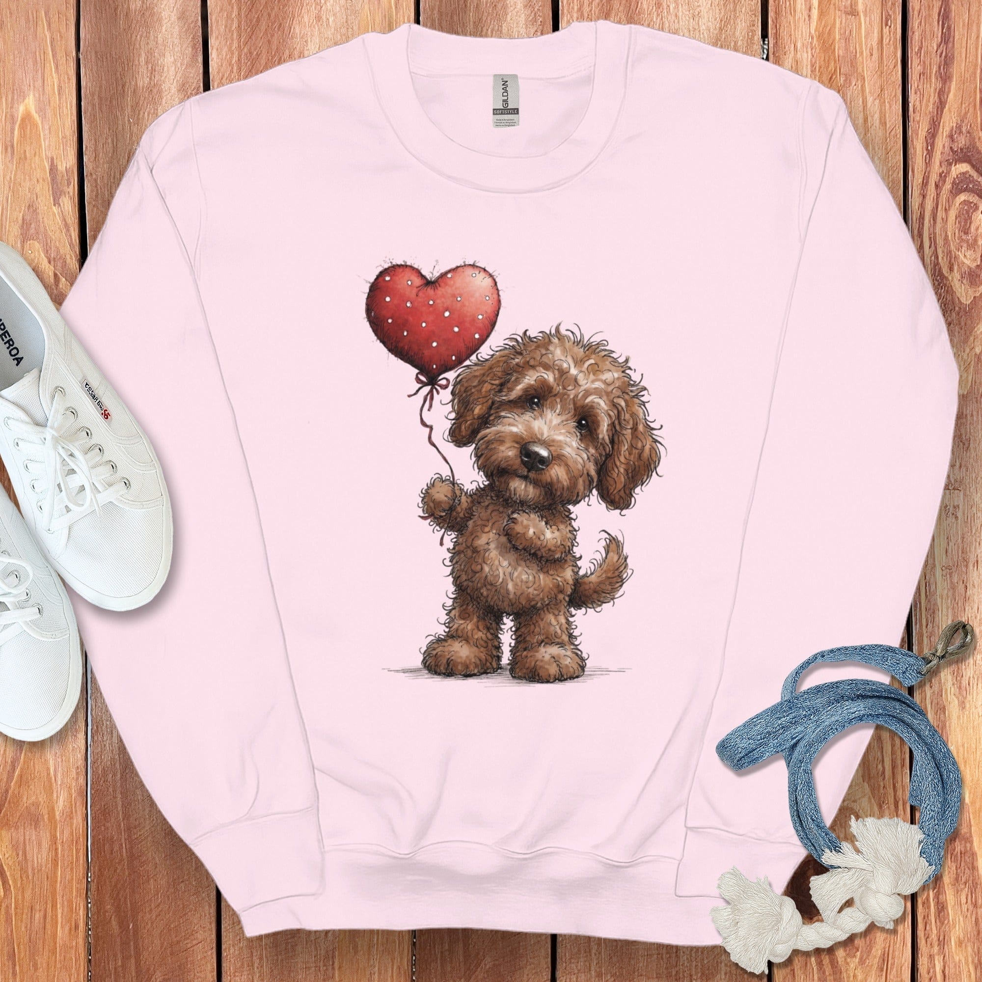 Chocolate Goldendoodle Heart Sweatshirt in Light Pink / S by Puppy Jo