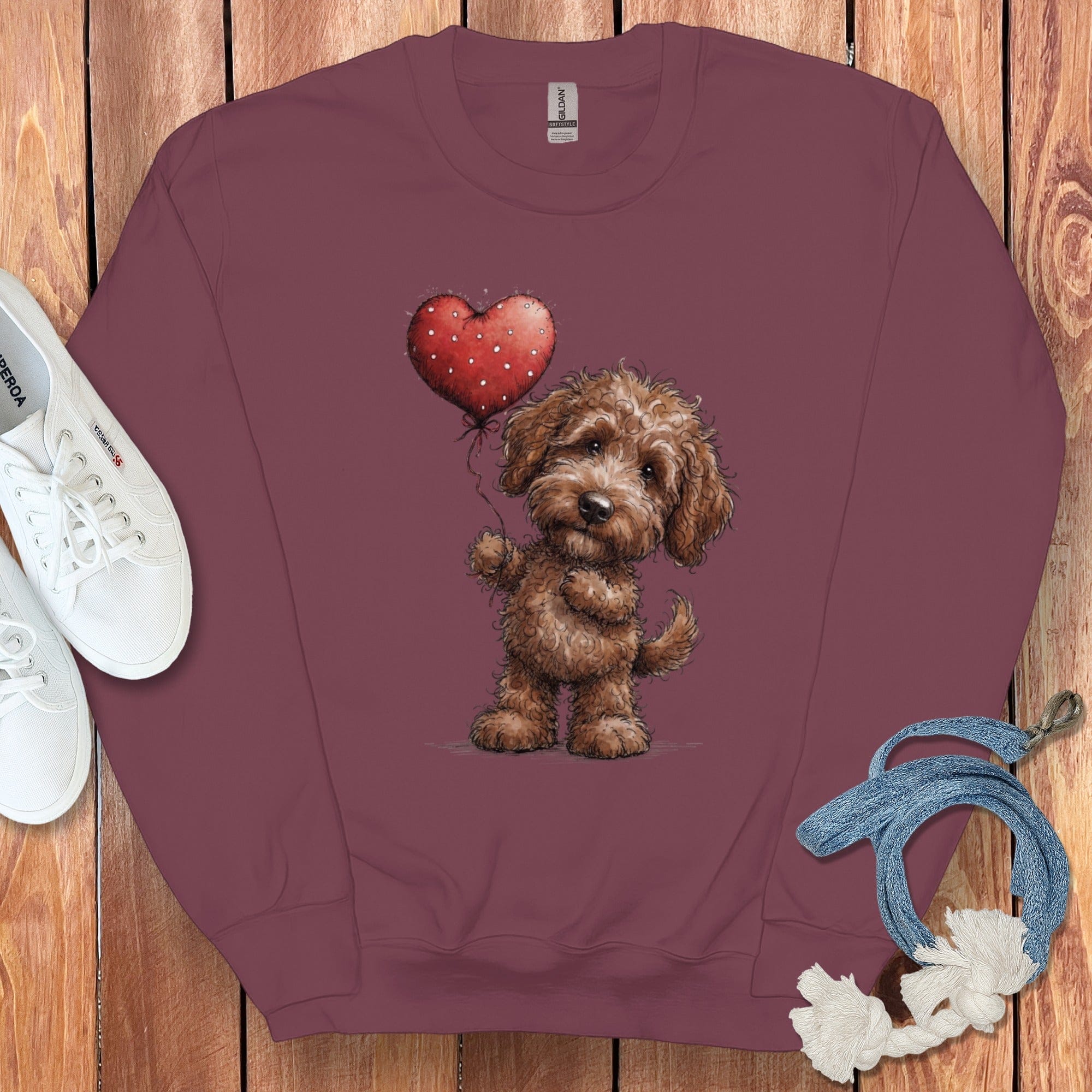 Chocolate Goldendoodle Heart Sweatshirt in Maroon / S by Puppy Jo