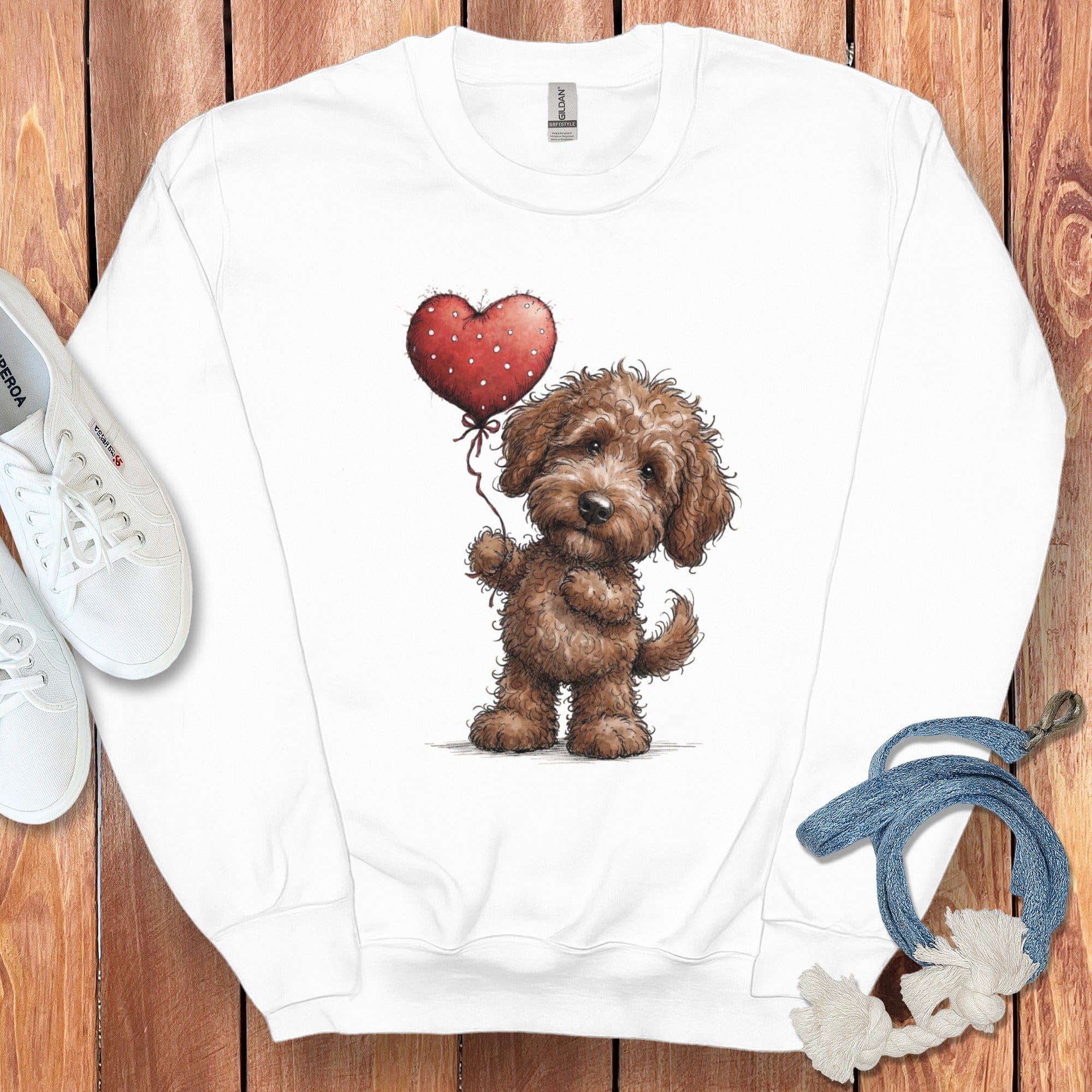 Chocolate Goldendoodle Heart Sweatshirt in White / S by Puppy Jo