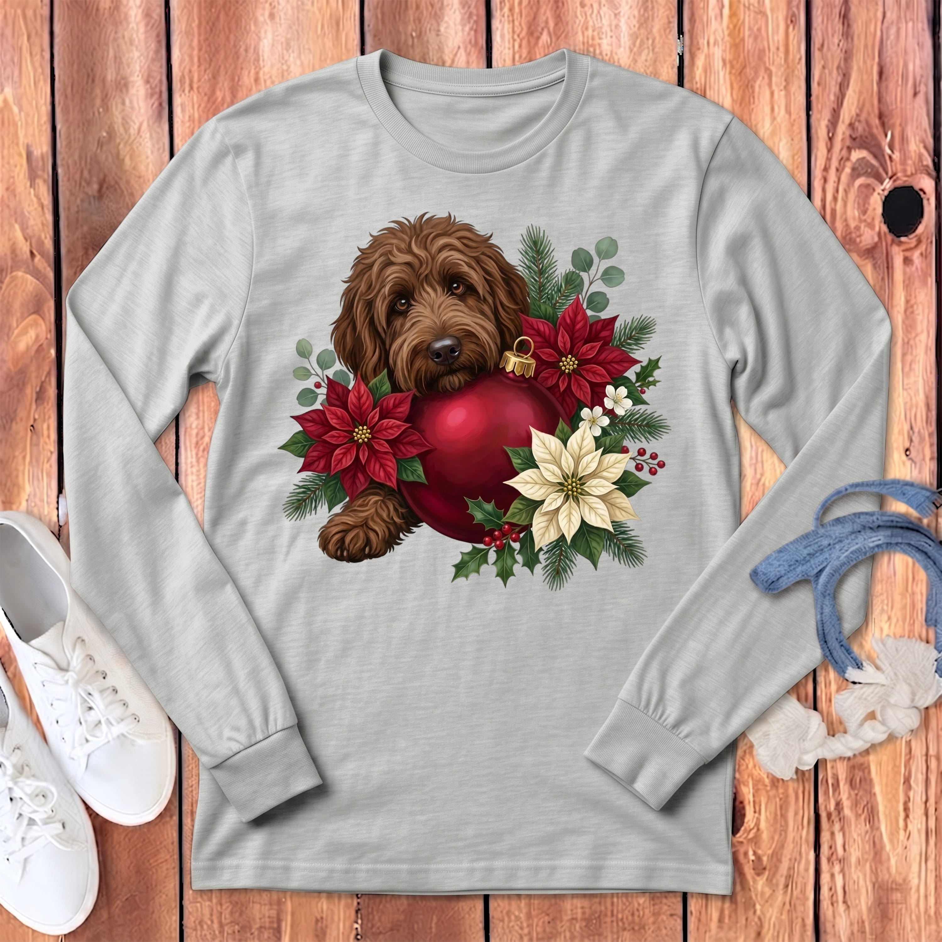 Chocolate Goldendoodle Holiday Cheer Long Sleeve T-Shirt in Athletic Heather / S by Puppy Jo