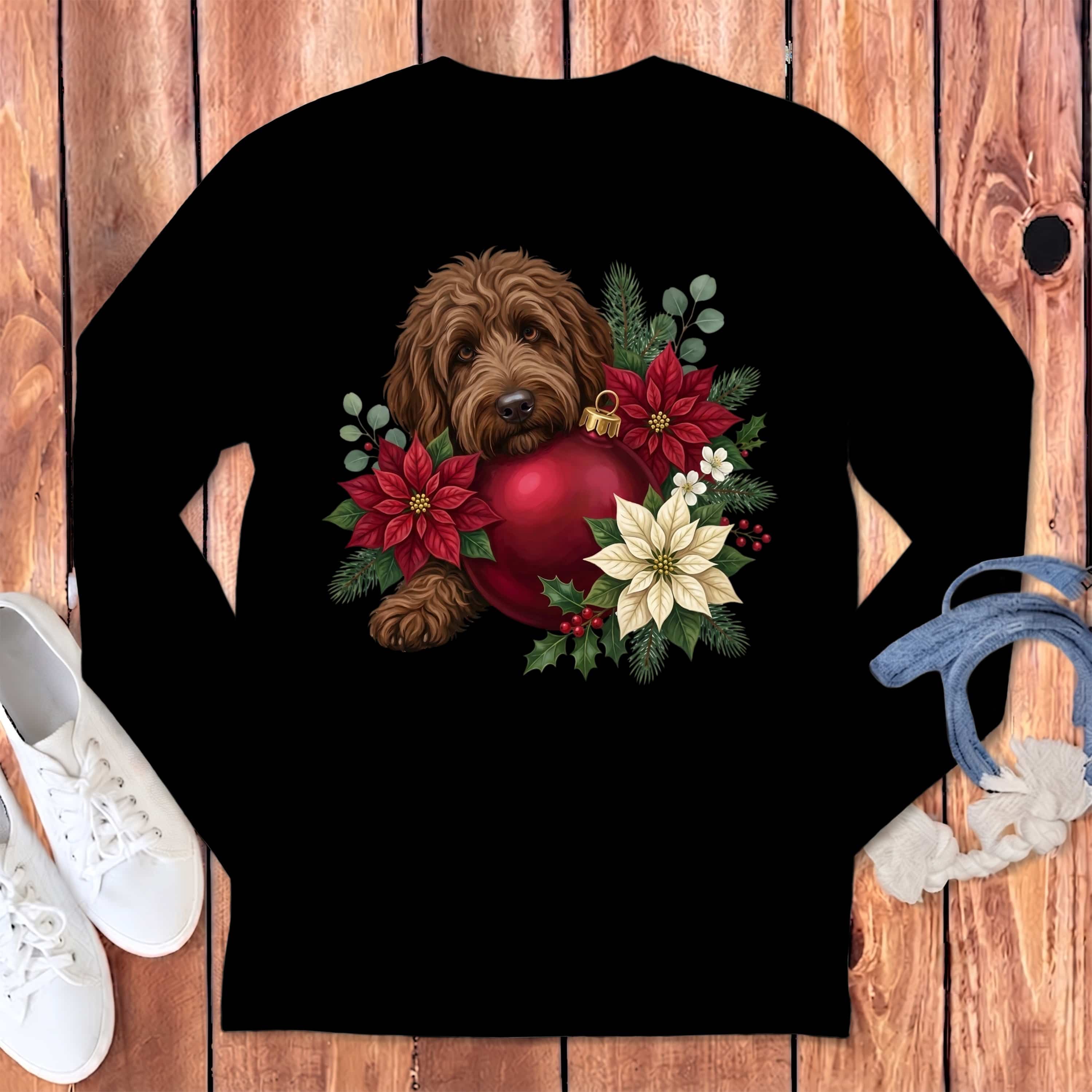 Chocolate Goldendoodle Holiday Cheer Long Sleeve T-Shirt in Black / S by Puppy Jo
