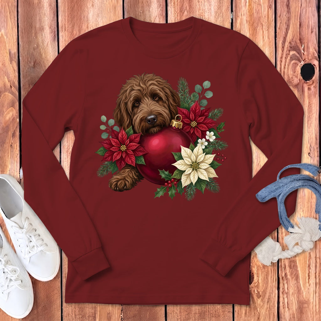Chocolate Goldendoodle Holiday Cheer Long Sleeve T-Shirt in Cardinal / S by Puppy Jo