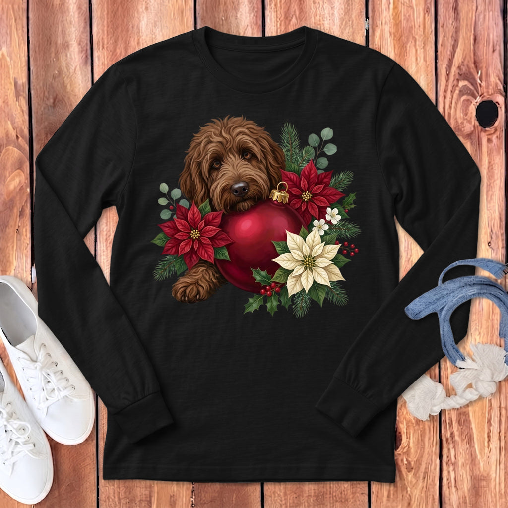 Chocolate Goldendoodle Holiday Cheer Long Sleeve T-Shirt in Dark Grey Heather / S by Puppy Jo