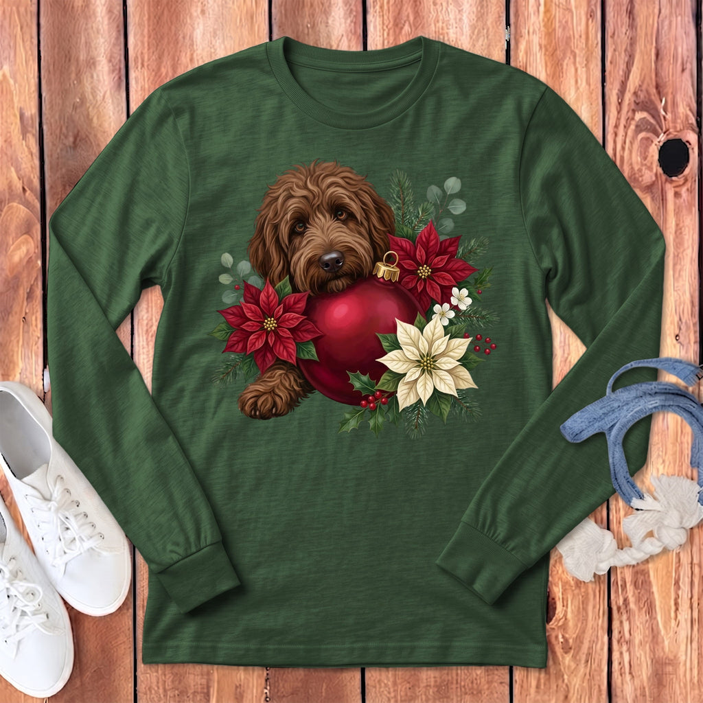Chocolate Goldendoodle Holiday Cheer Long Sleeve T-Shirt in Heather Forest / S by Puppy Jo