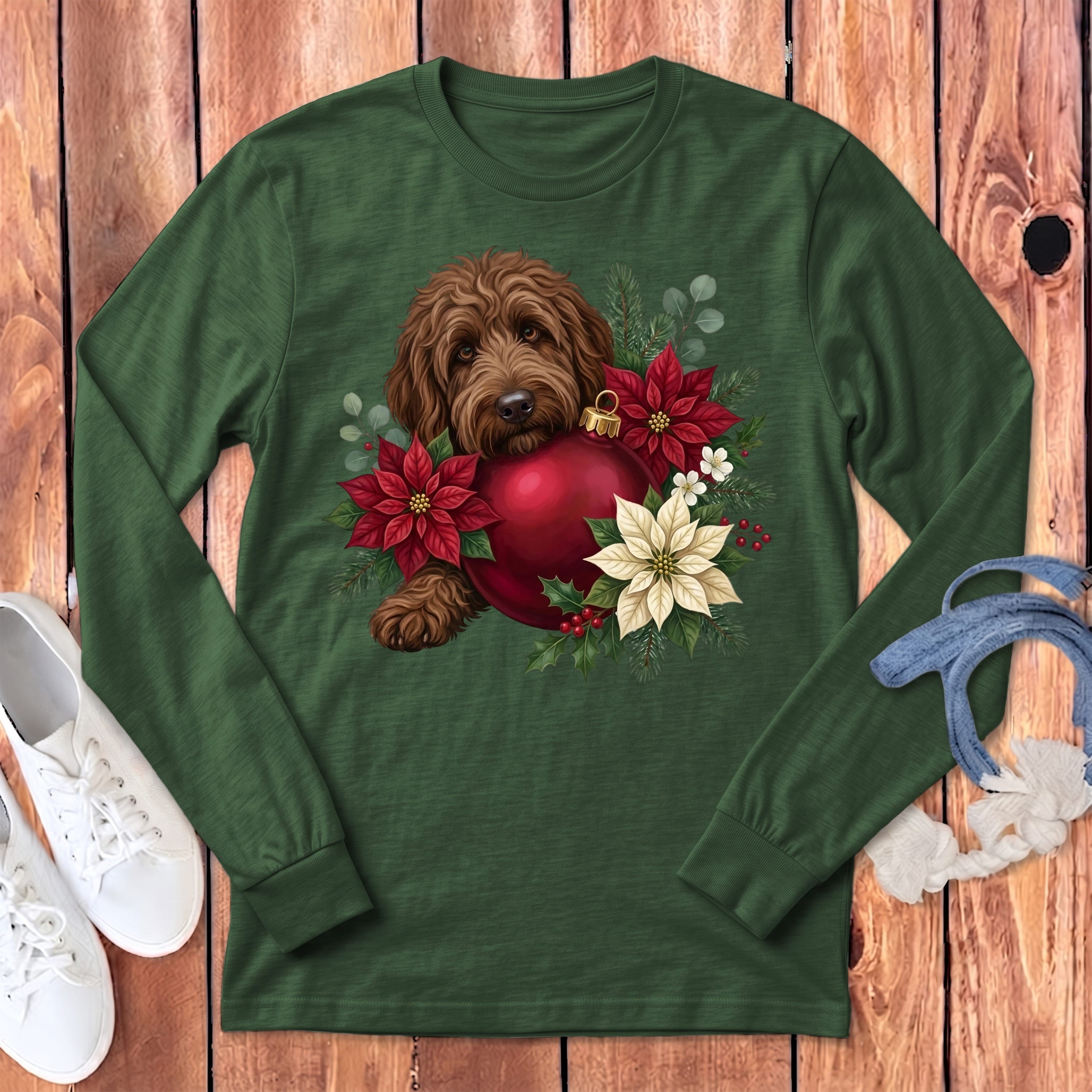Chocolate Goldendoodle Holiday Cheer Long Sleeve T-Shirt in Heather Forest / S by Puppy Jo