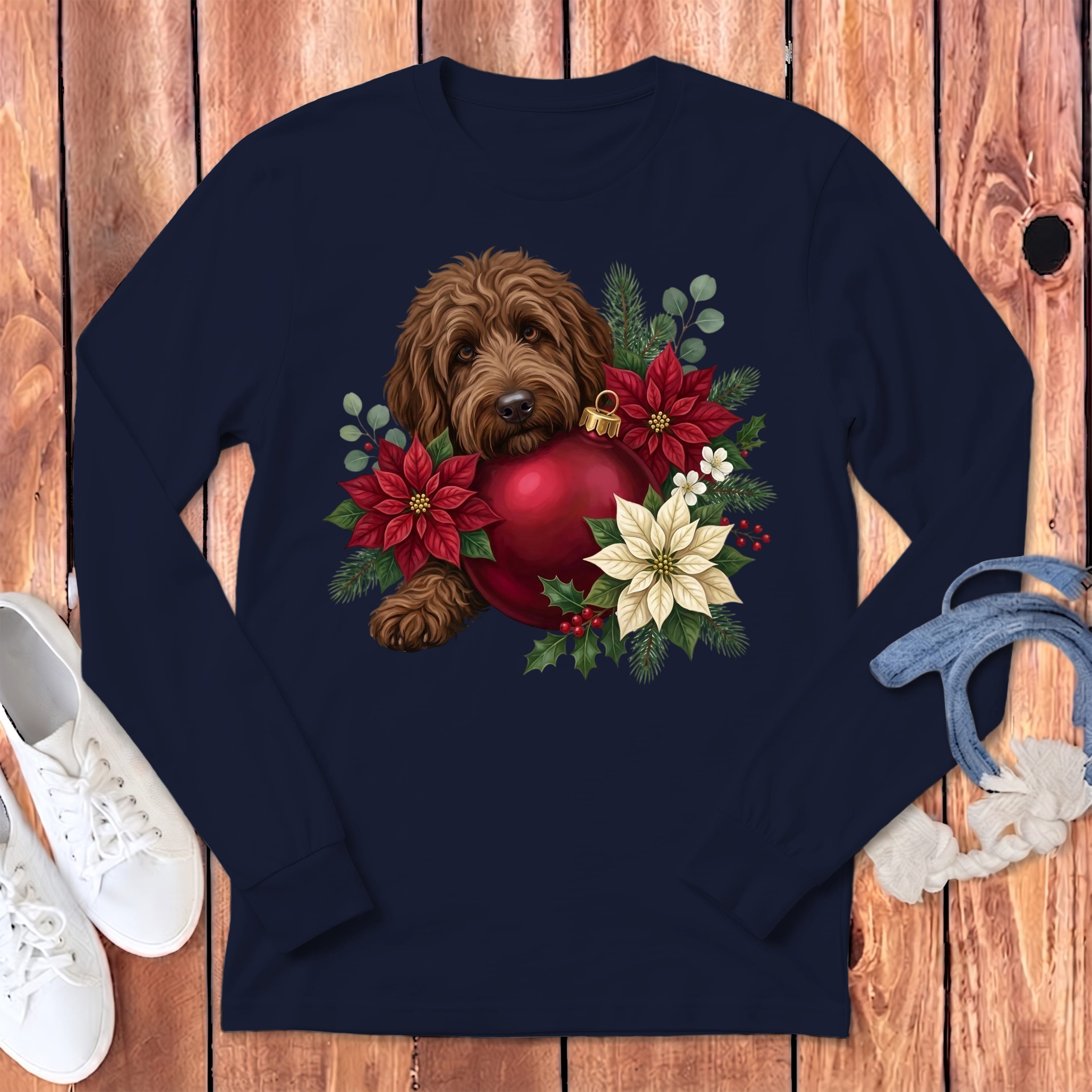 Chocolate Goldendoodle Holiday Cheer Long Sleeve T-Shirt in Navy / S by Puppy Jo