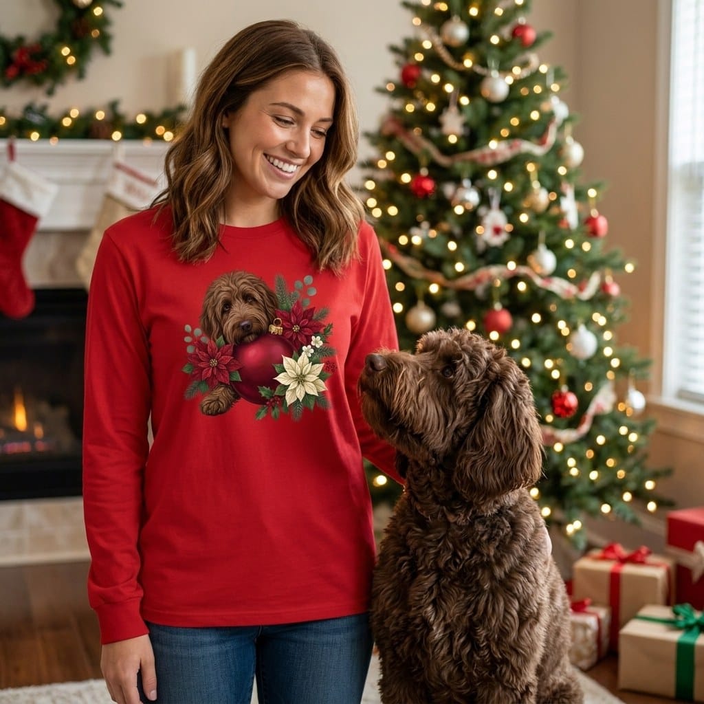 Chocolate Goldendoodle Holiday Cheer Long Sleeve T-Shirt in by Puppy Jo