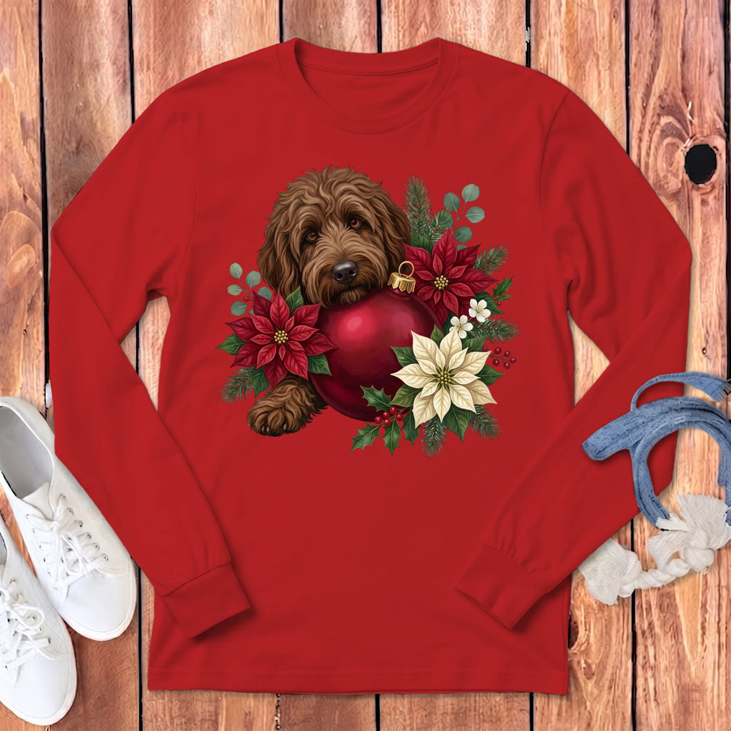 Chocolate Goldendoodle Holiday Cheer Long Sleeve T-Shirt in Red / S by Puppy Jo