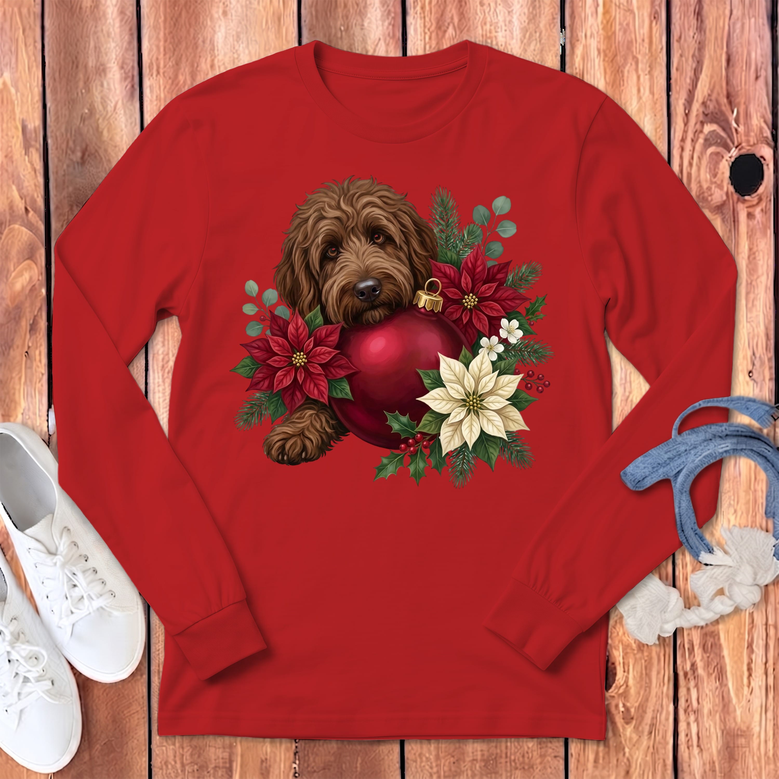 Chocolate Goldendoodle Holiday Cheer Long Sleeve T-Shirt in Red / S by Puppy Jo