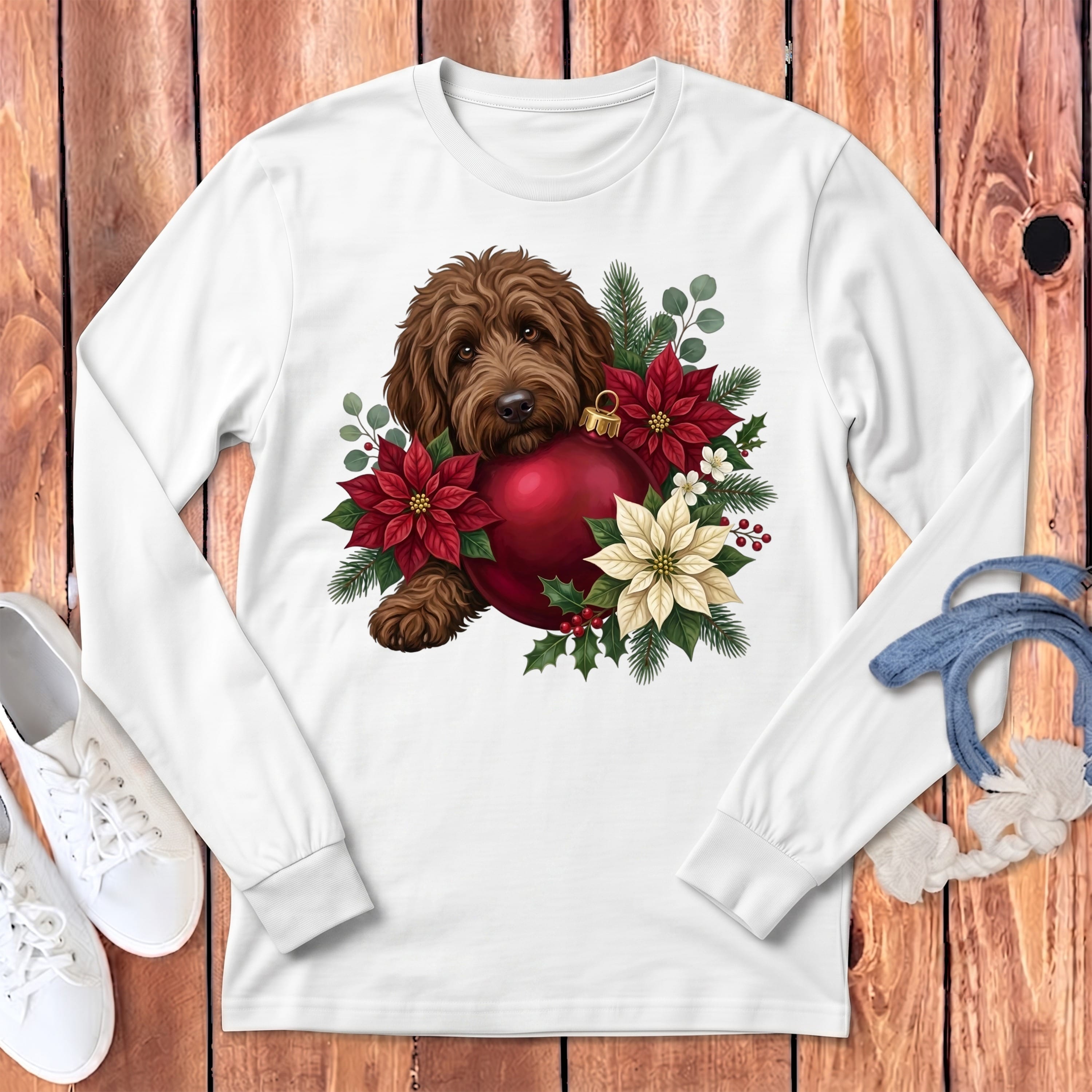 Chocolate Goldendoodle Holiday Cheer Long Sleeve T-Shirt in White / S by Puppy Jo