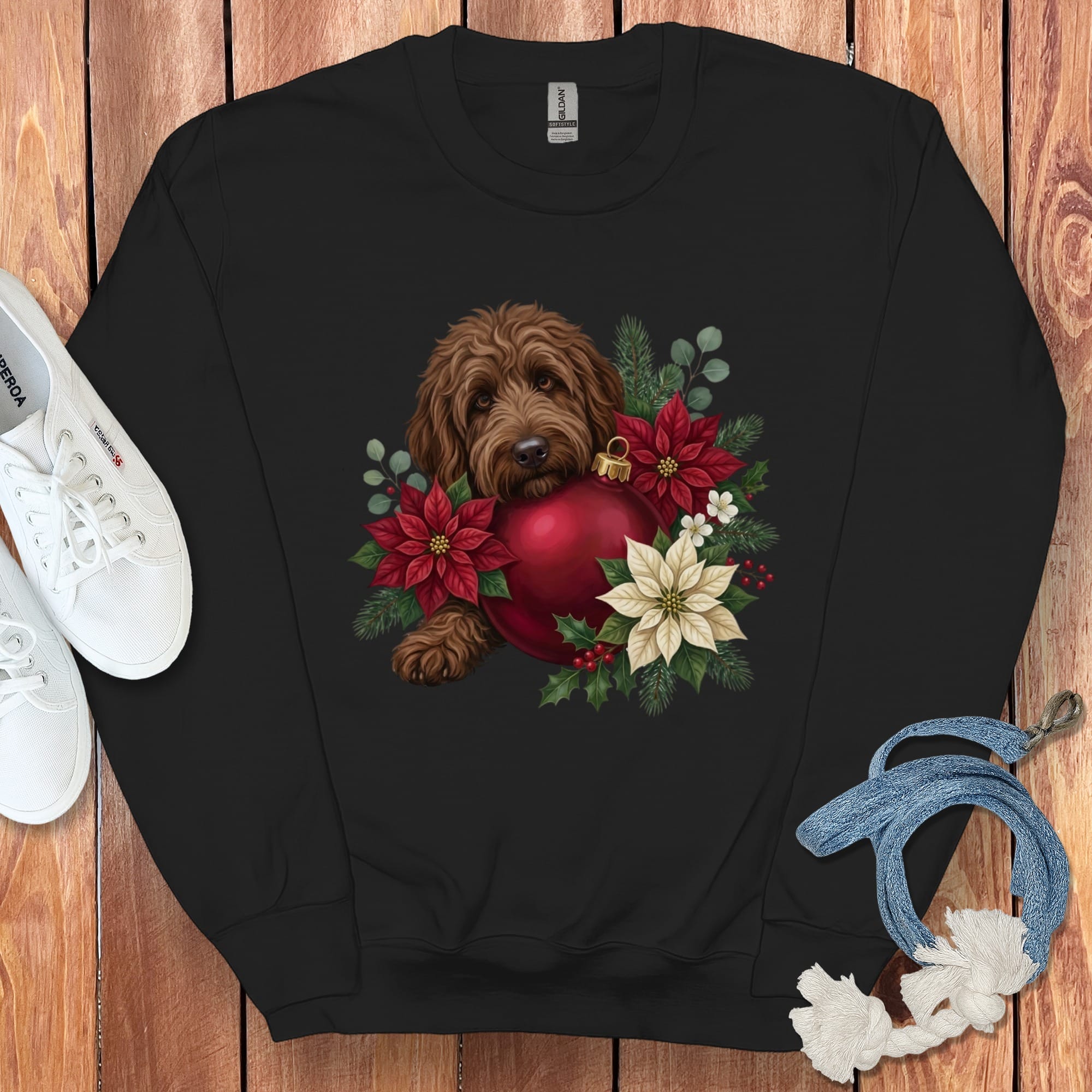 Chocolate Goldendoodle Holiday Cheer Sweatshirt in Black / S by Puppy Jo