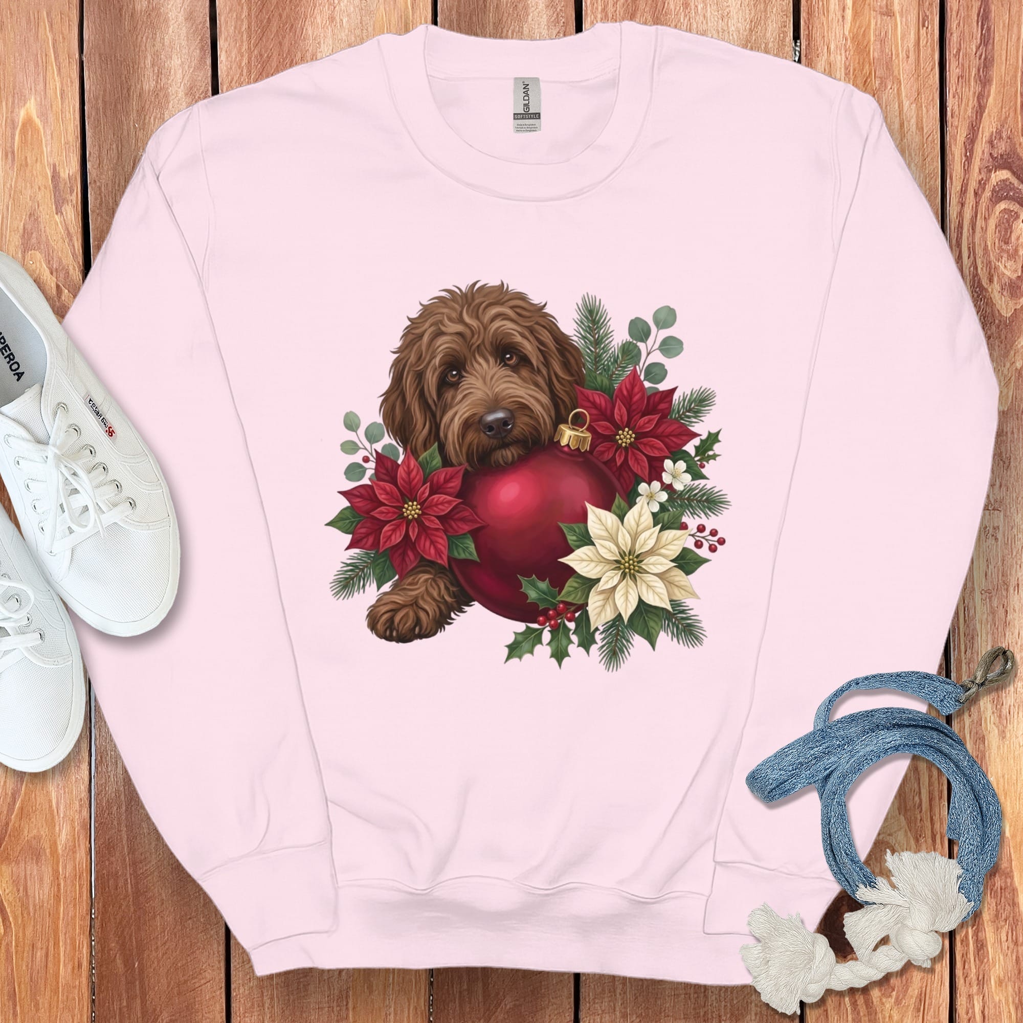 Chocolate Goldendoodle Holiday Cheer Sweatshirt in Light Pink / S by Puppy Jo