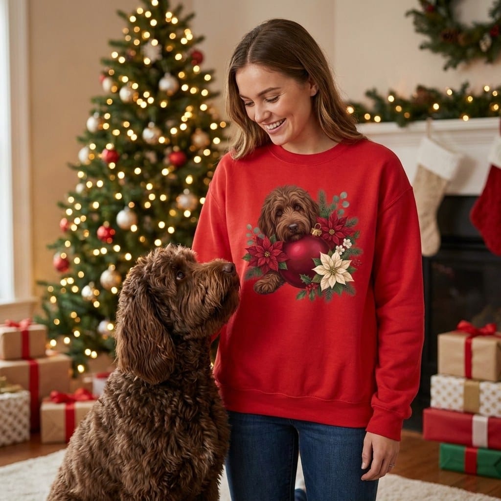 Chocolate Goldendoodle Holiday Cheer Sweatshirt in by Puppy Jo