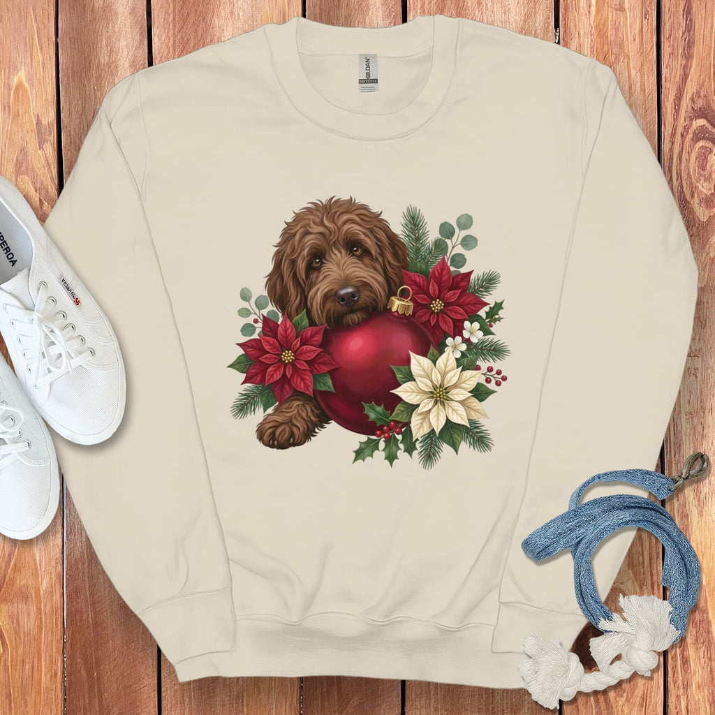 Chocolate Goldendoodle Holiday Cheer Sweatshirt in Sand / S by Puppy Jo