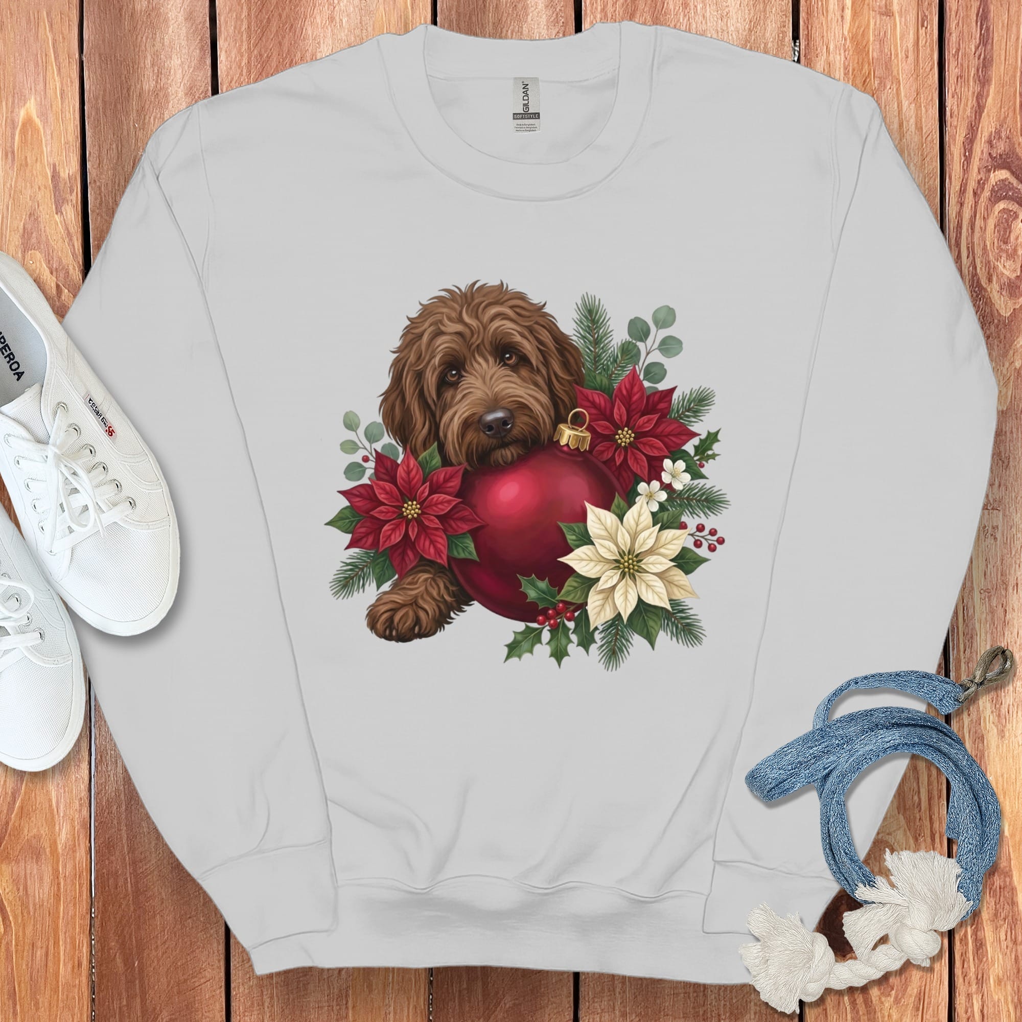 Chocolate Goldendoodle Holiday Cheer Sweatshirt in Sport Grey / S by Puppy Jo
