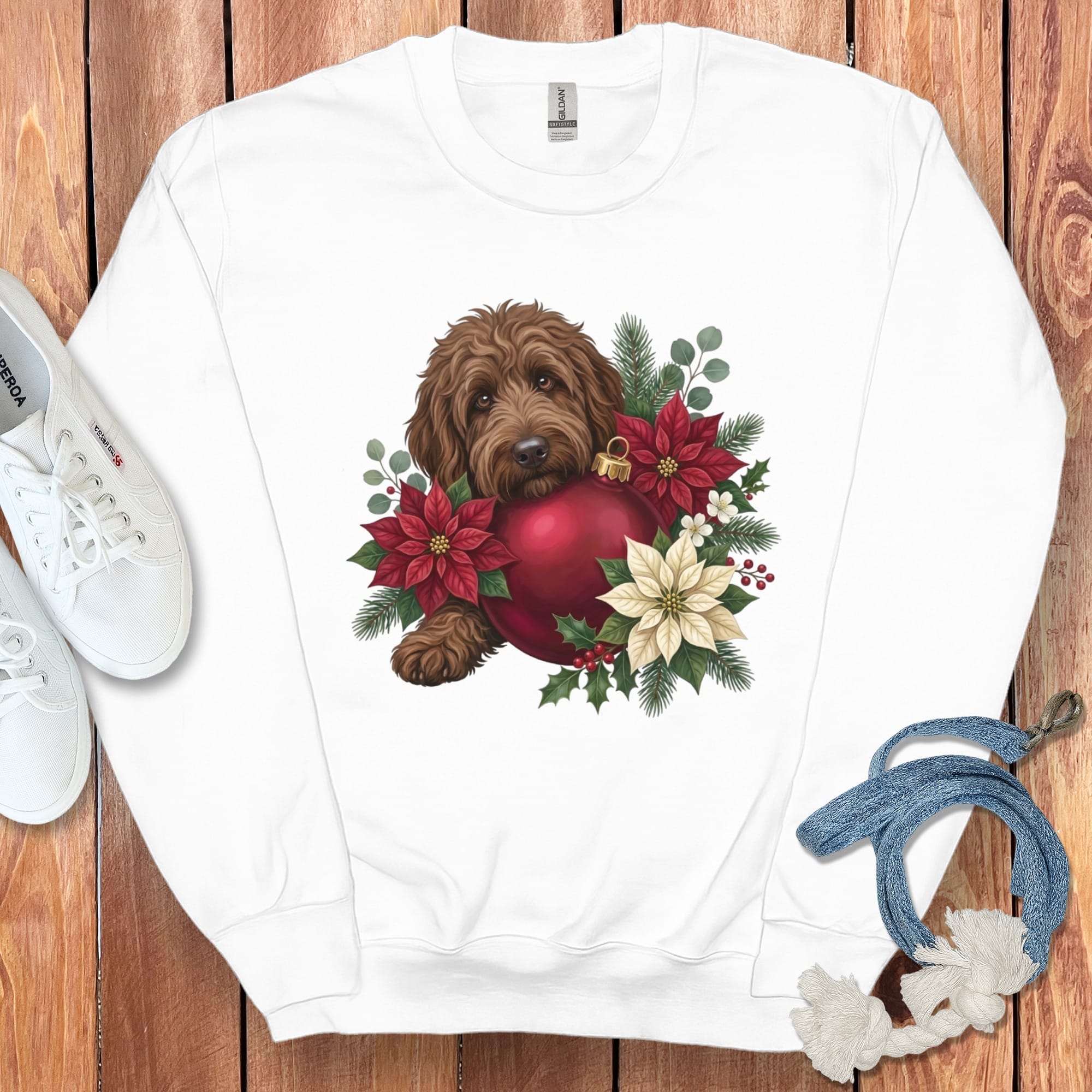 Chocolate Goldendoodle Holiday Cheer Sweatshirt in White / S by Puppy Jo