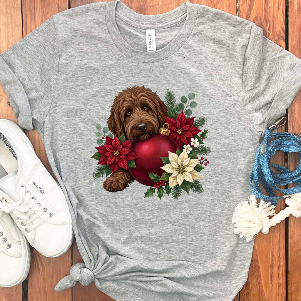 Chocolate Goldendoodle Holiday Cheer T-Shirt in Athletic Heather / S by Puppy Jo