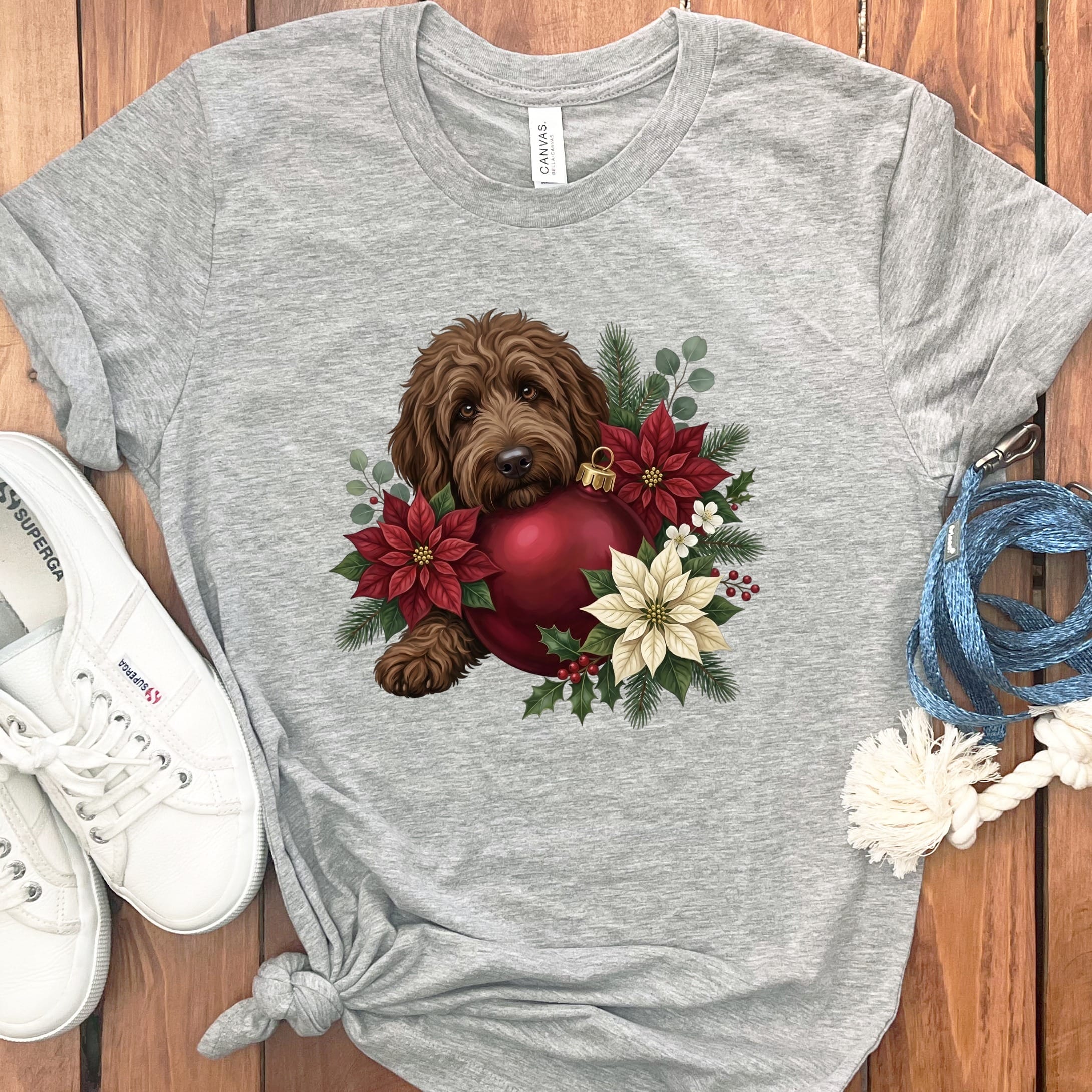 Chocolate Goldendoodle Holiday Cheer T-Shirt in Athletic Heather / S by Puppy Jo
