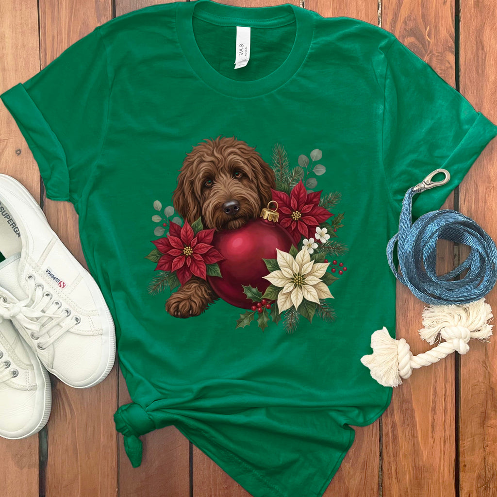 Chocolate Goldendoodle Holiday Cheer T-Shirt in Kelly / S by Puppy Jo