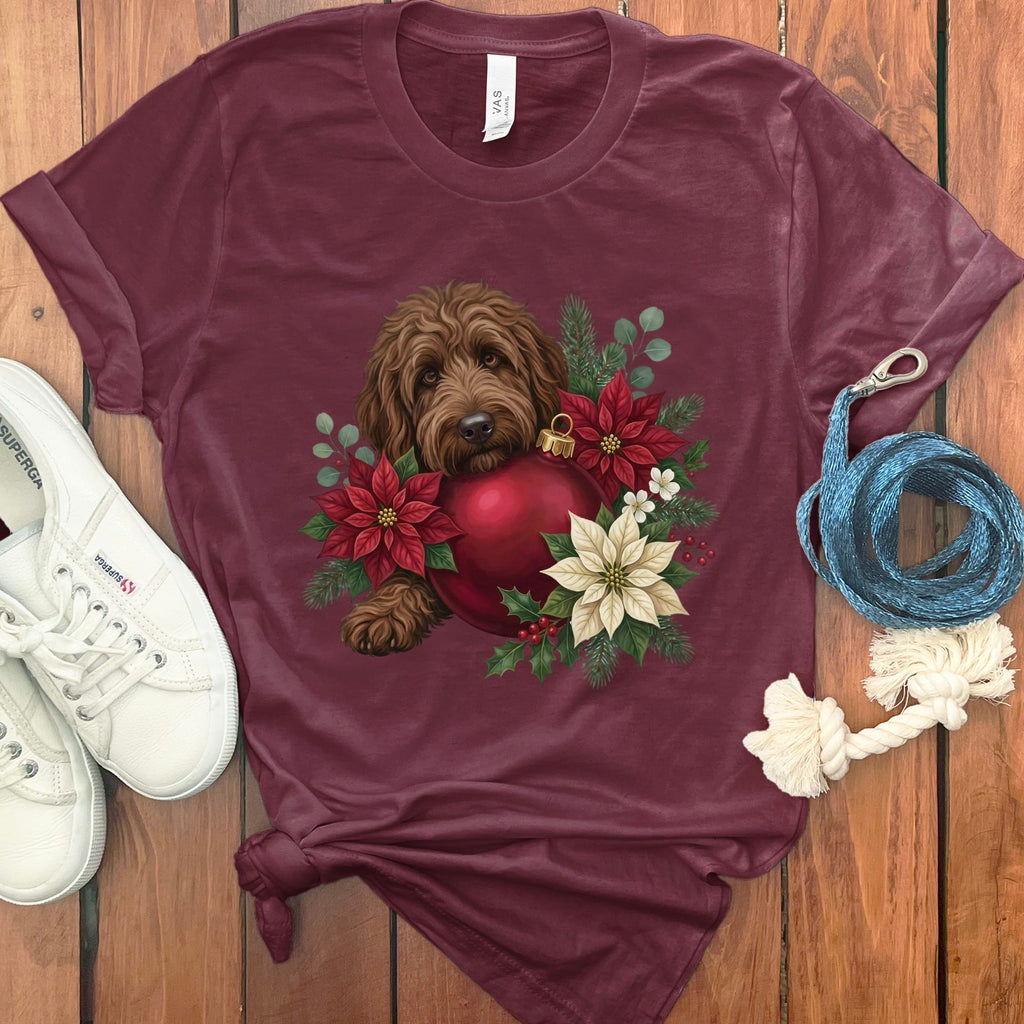 Chocolate Goldendoodle Holiday Cheer T-Shirt in Maroon / S by Puppy Jo
