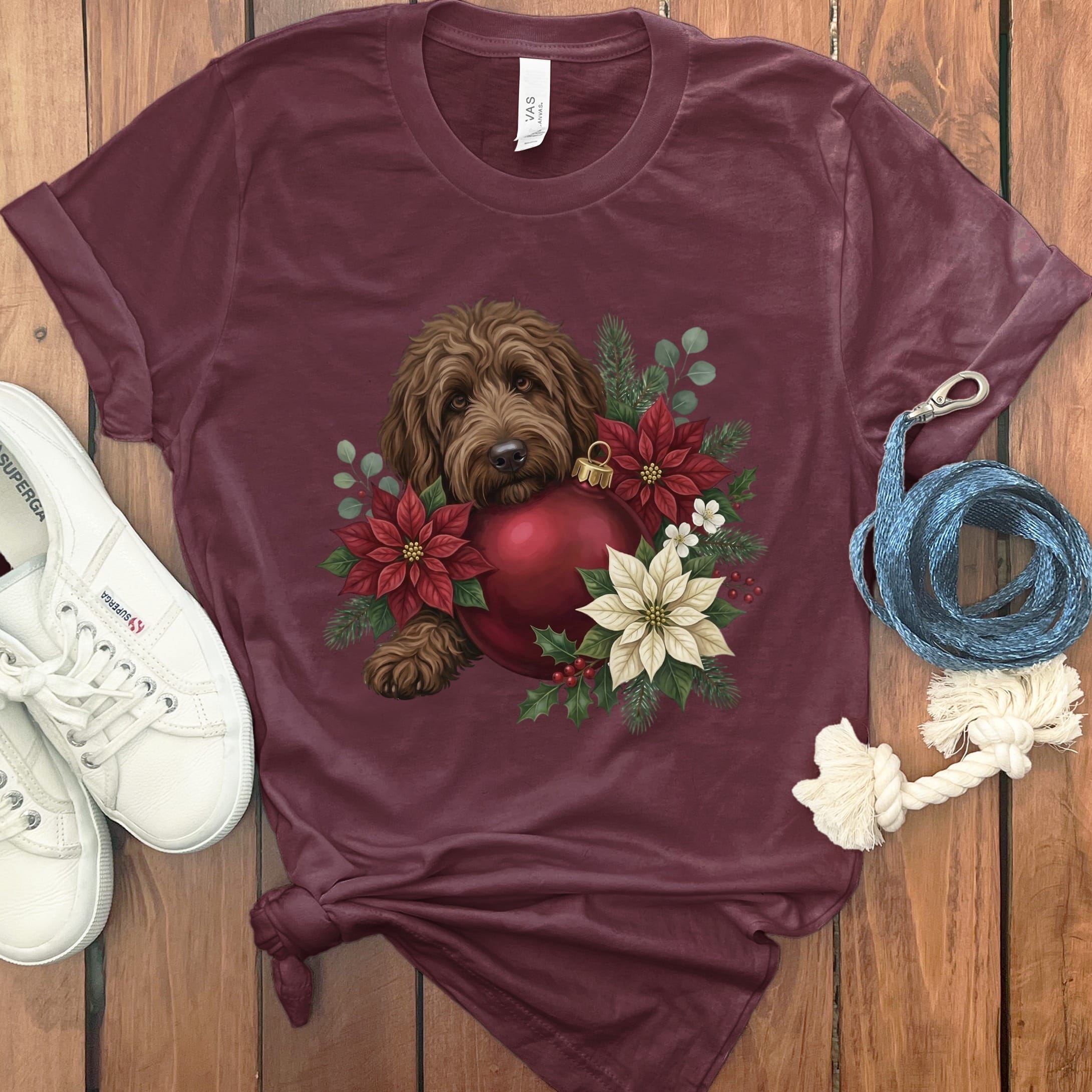 Chocolate Goldendoodle Holiday Cheer T-Shirt in Maroon / S by Puppy Jo