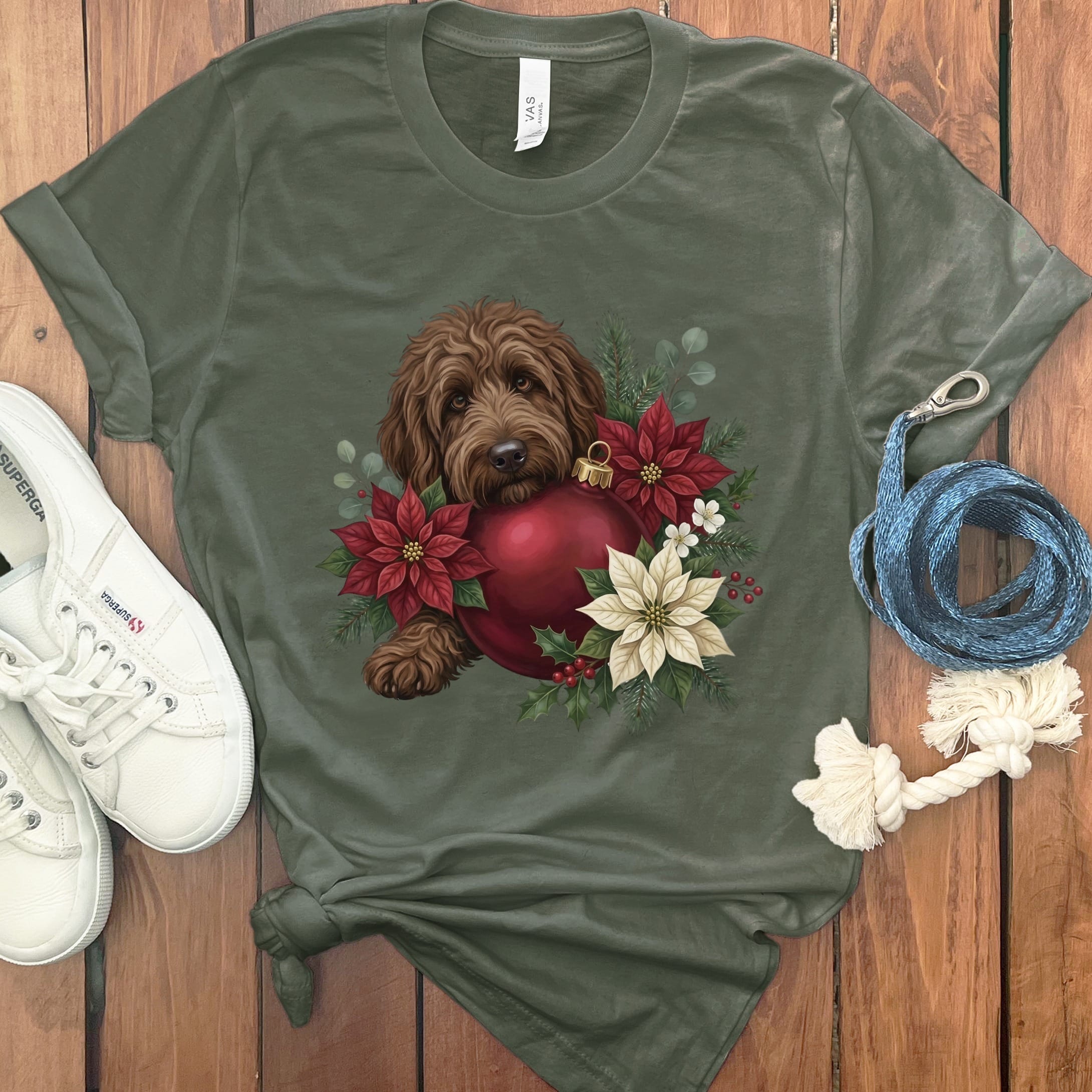 Chocolate Goldendoodle Holiday Cheer T-Shirt in Military Green / S by Puppy Jo