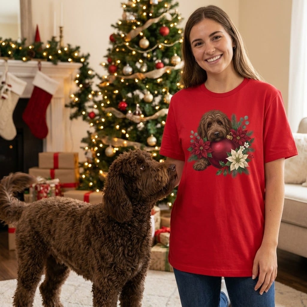 Chocolate Goldendoodle Holiday Cheer T-Shirt in by Puppy Jo