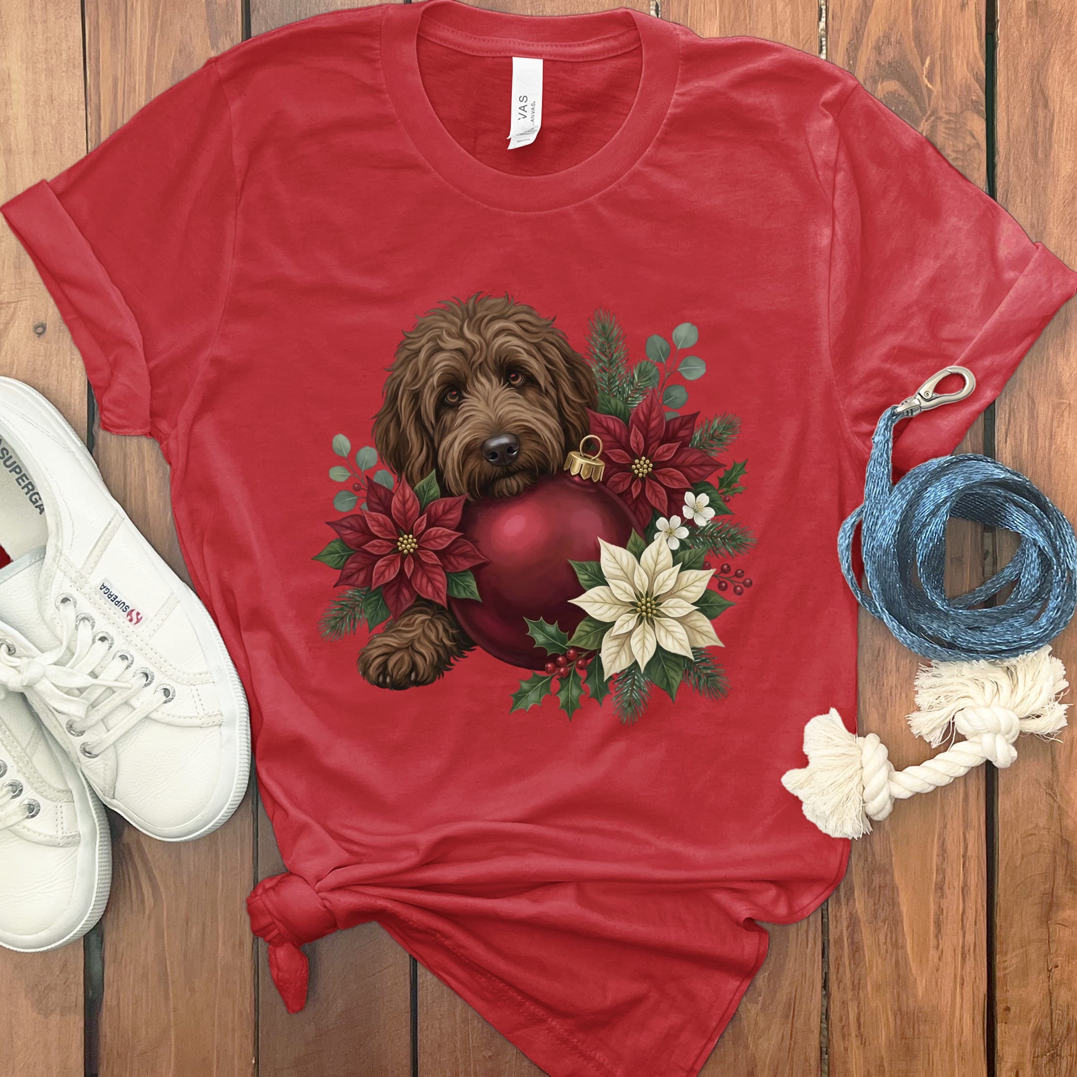 Chocolate Goldendoodle Holiday Cheer T-Shirt in Red / S by Puppy Jo