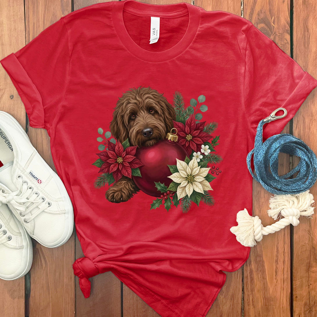 Chocolate Goldendoodle Holiday Cheer T-Shirt in Red / S by Puppy Jo