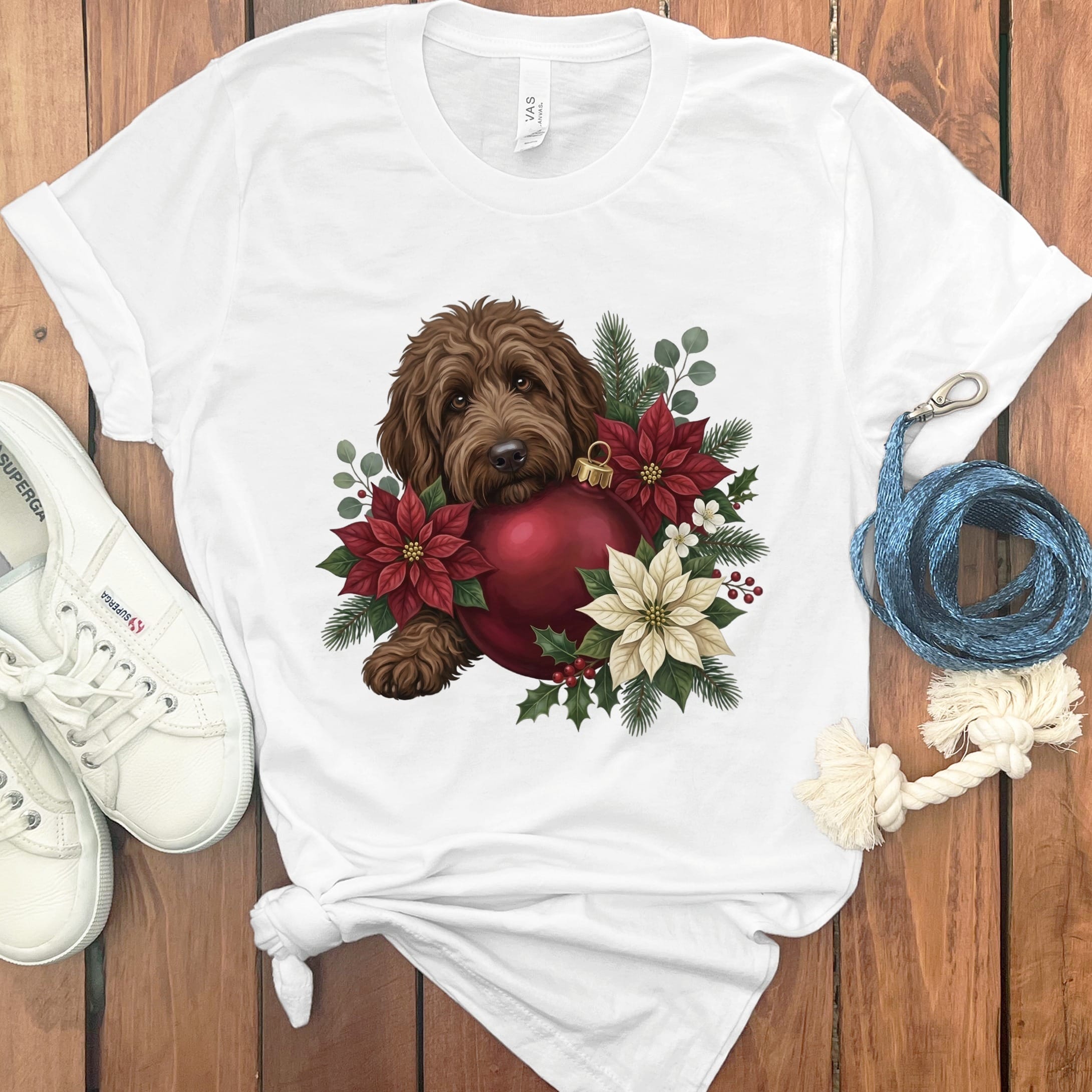 Chocolate Goldendoodle Holiday Cheer T-Shirt in White / S by Puppy Jo