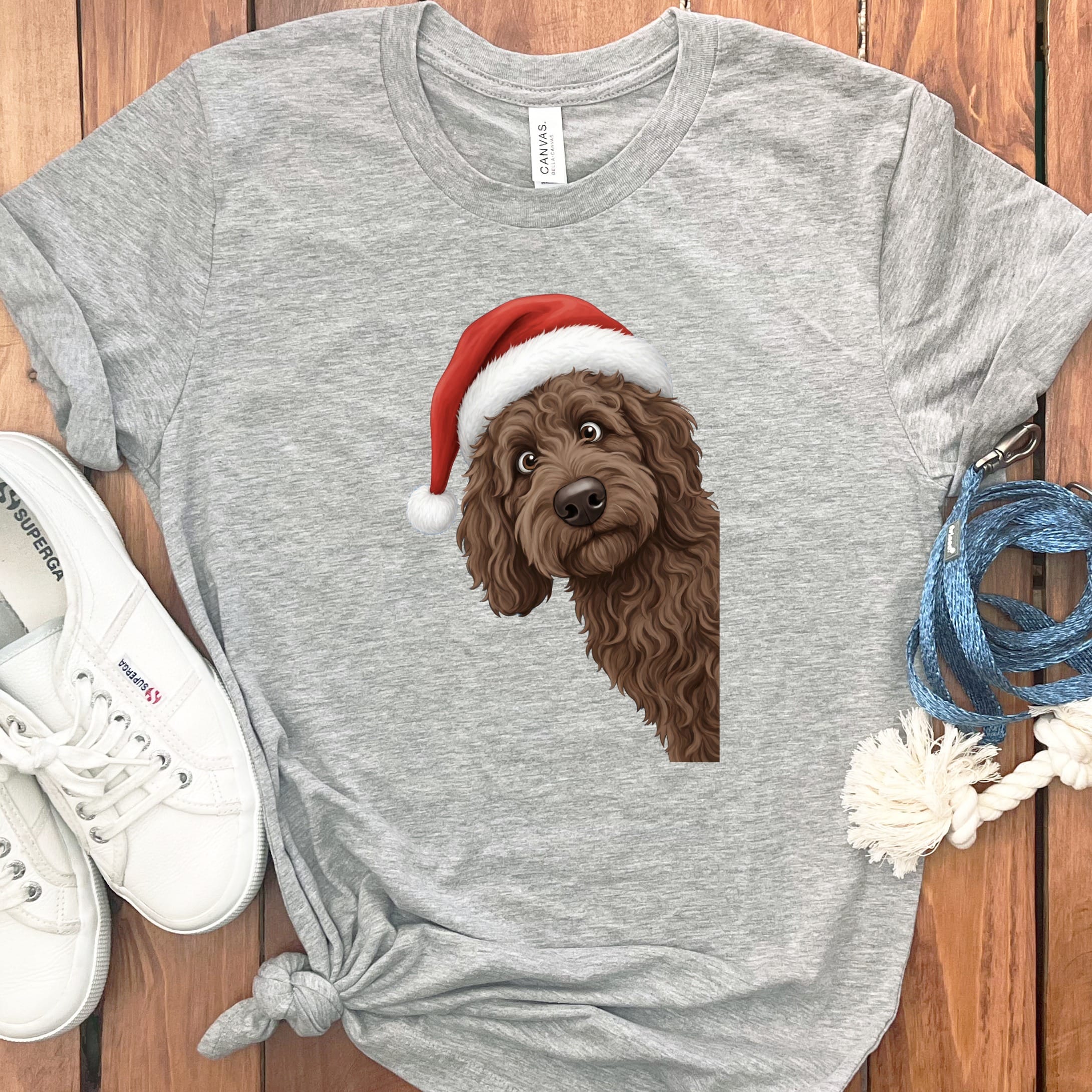 Chocolate Goldendoodle Holiday Santa T-Shirt in Athletic Heather / S by Puppy Jo