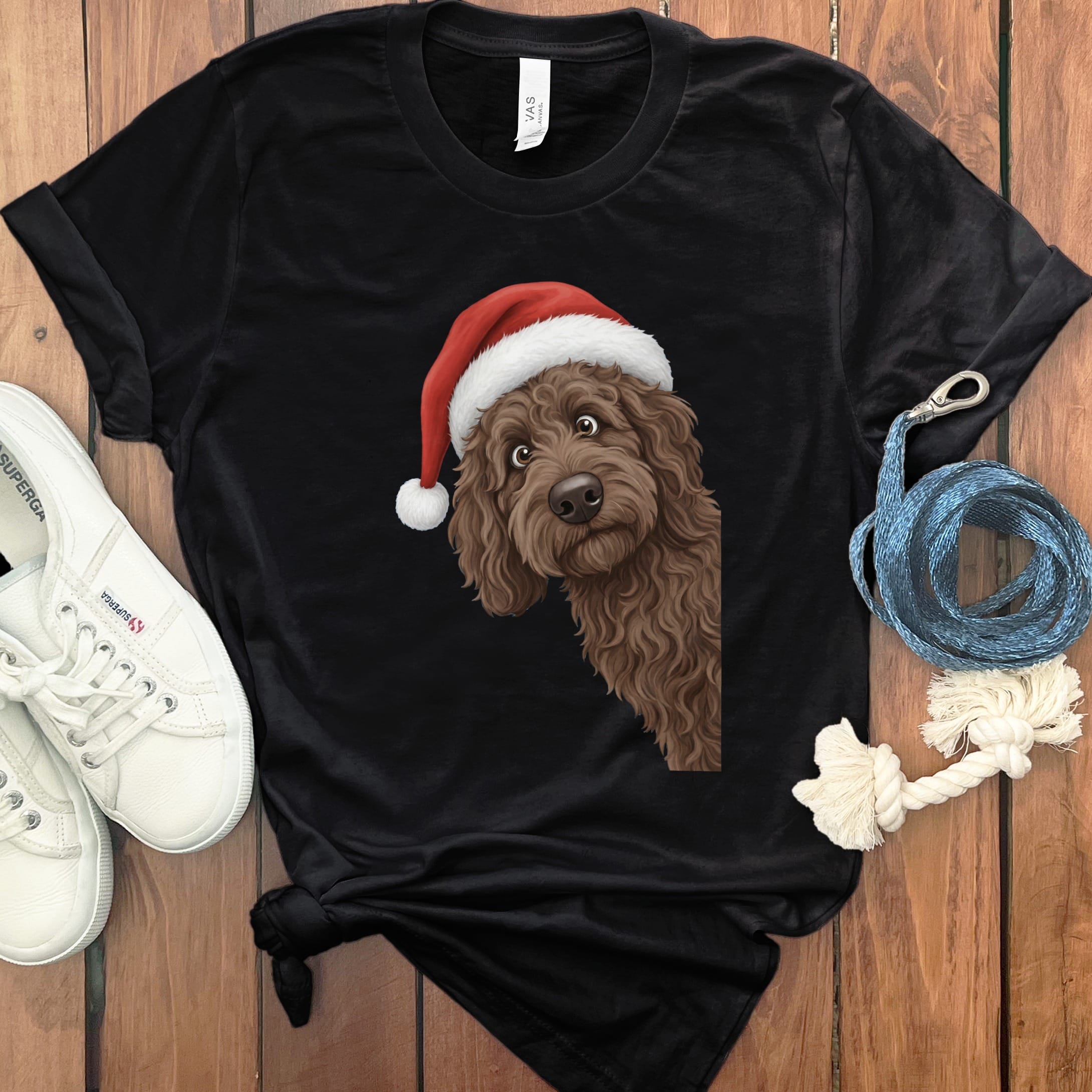 Chocolate Goldendoodle Holiday Santa T-Shirt in Black / S by Puppy Jo