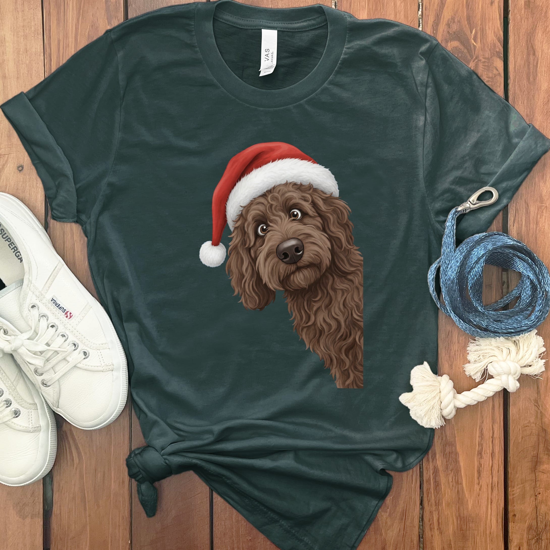 Chocolate Goldendoodle Holiday Santa T-Shirt in Forest / S by Puppy Jo