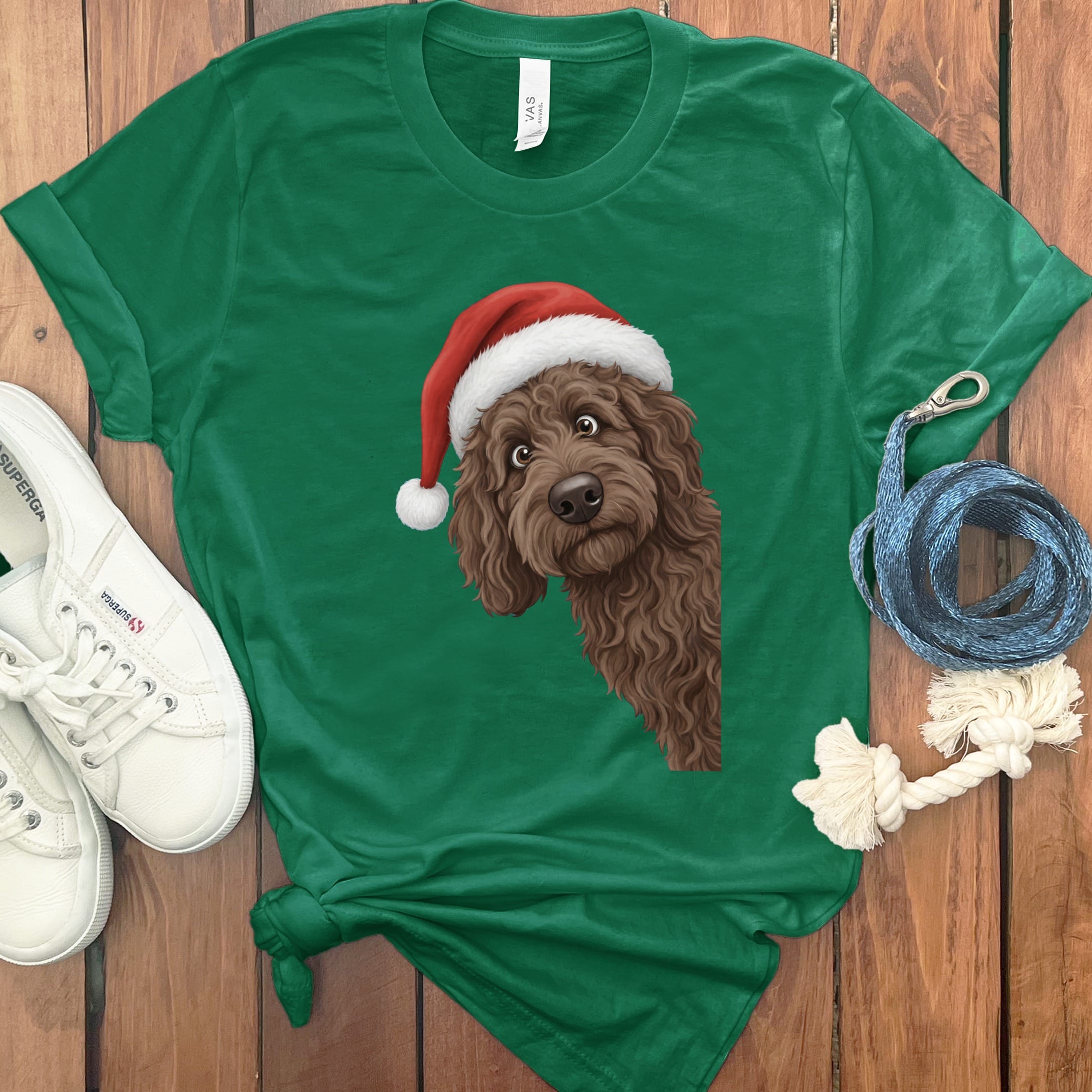 Chocolate Goldendoodle Holiday Santa T-Shirt in Kelly / S by Puppy Jo