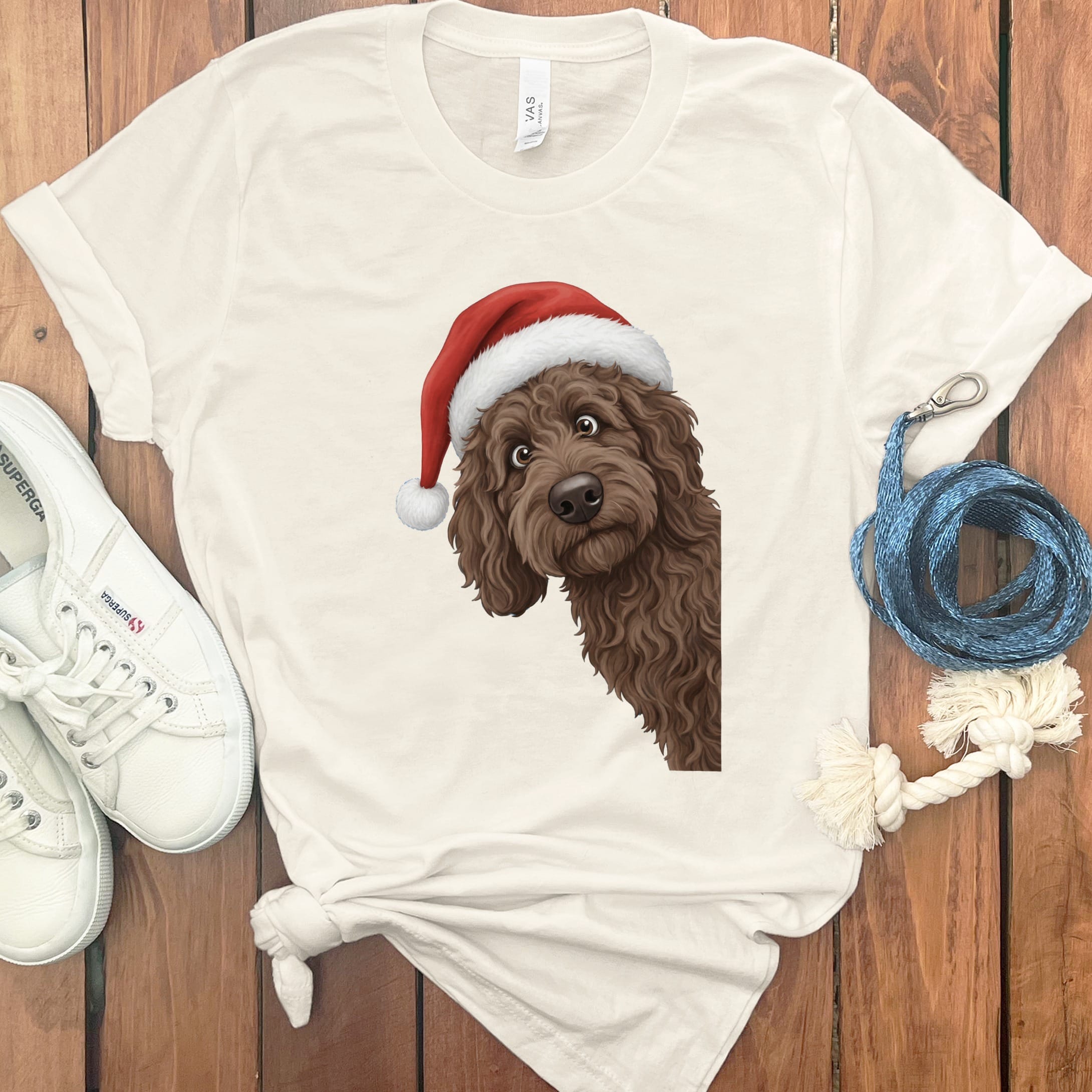 Chocolate Goldendoodle Holiday Santa T-Shirt in Natural / S by Puppy Jo