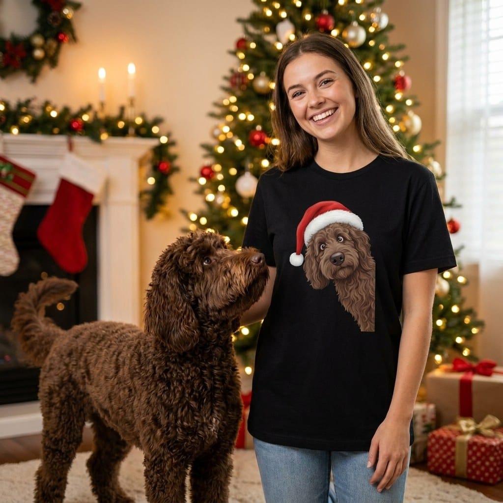 Chocolate Goldendoodle Holiday Santa T-Shirt in by Puppy Jo