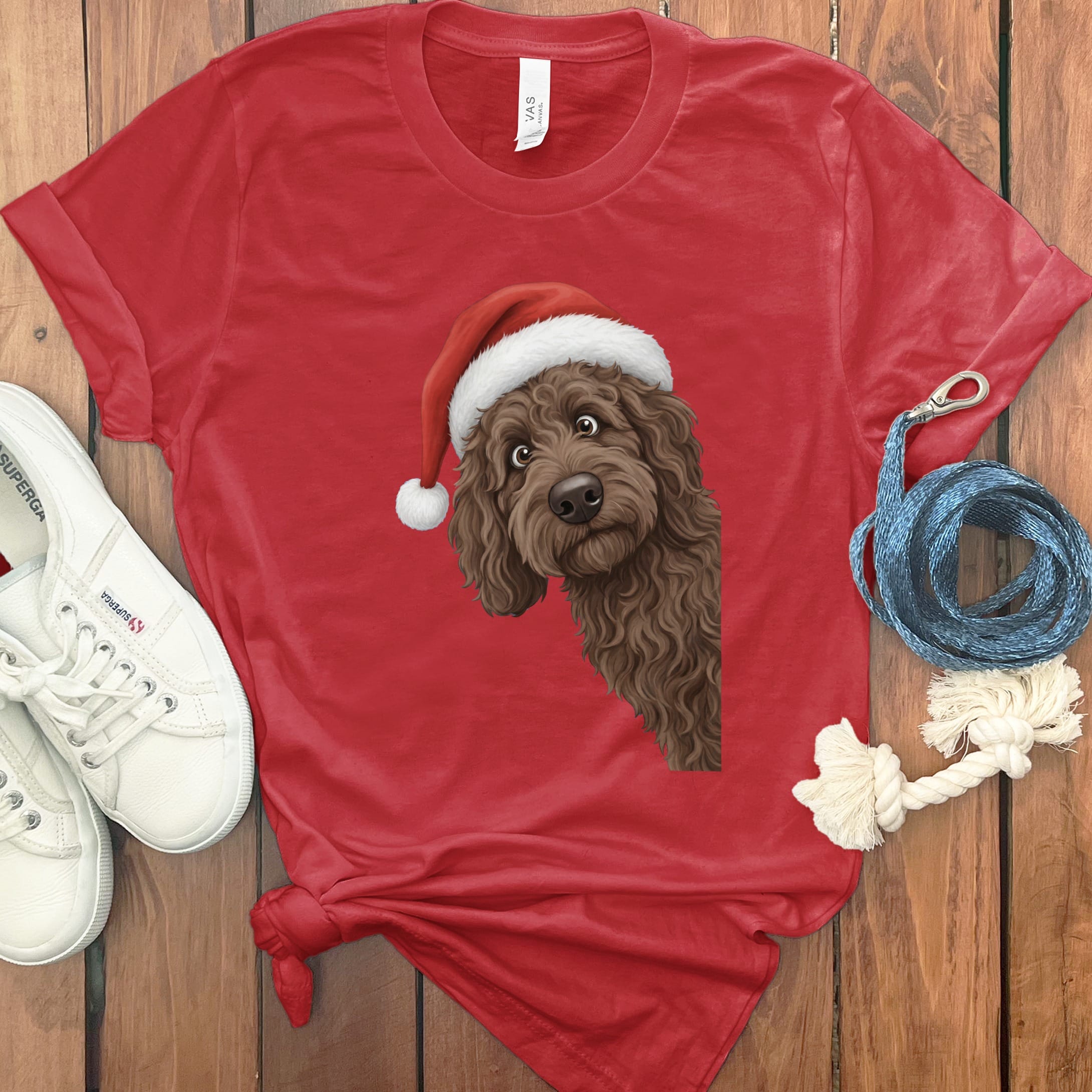Chocolate Goldendoodle Holiday Santa T-Shirt in Red / S by Puppy Jo
