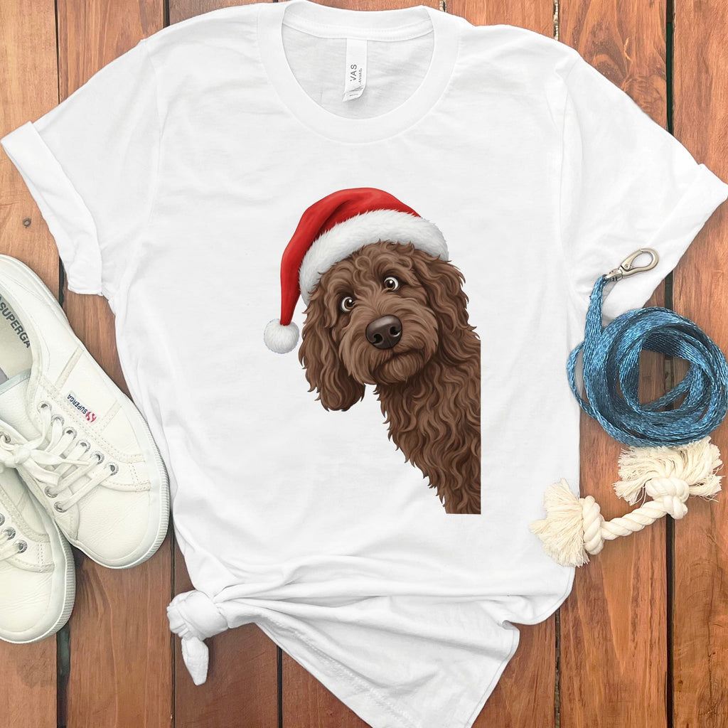 Chocolate Goldendoodle Holiday Santa T-Shirt in White / S by Puppy Jo