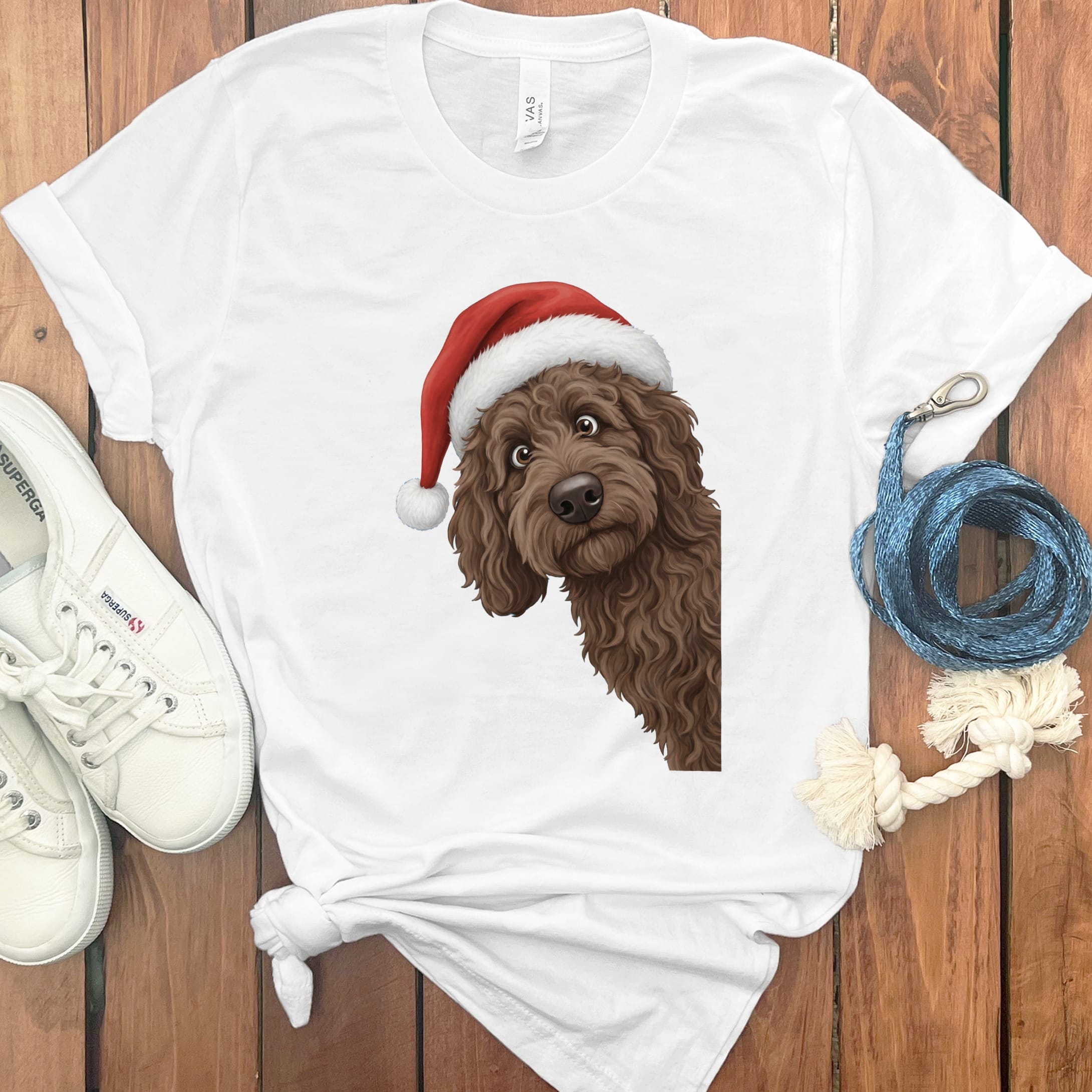 Chocolate Goldendoodle Holiday Santa T-Shirt in White / S by Puppy Jo