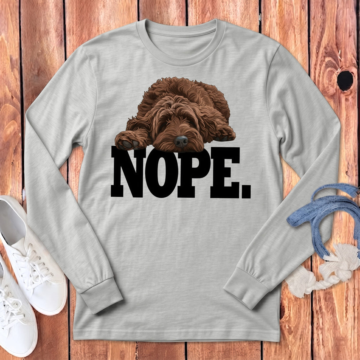 Chocolate Goldendoodle Labradoodle Nope Signature Long Sleeve T-Shirt in Athletic Heather / M by Puppy Jo