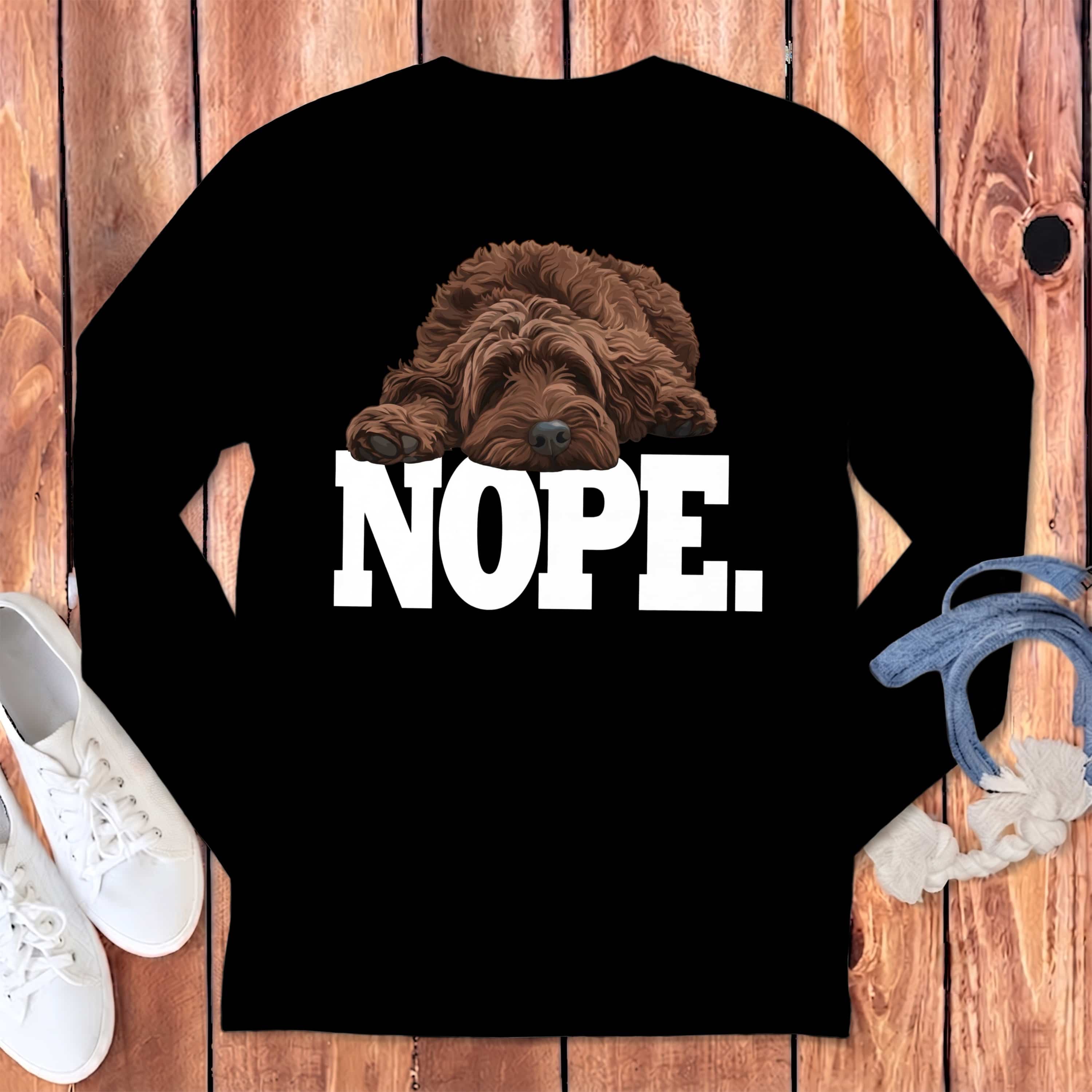Chocolate Goldendoodle Labradoodle Nope Signature Long Sleeve T-Shirt in Black / S by Puppy Jo