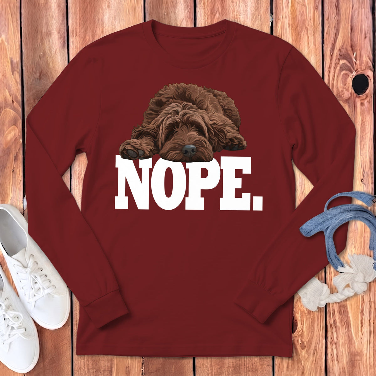 Chocolate Goldendoodle Labradoodle Nope Signature Long Sleeve T-Shirt in Cardinal / S by Puppy Jo