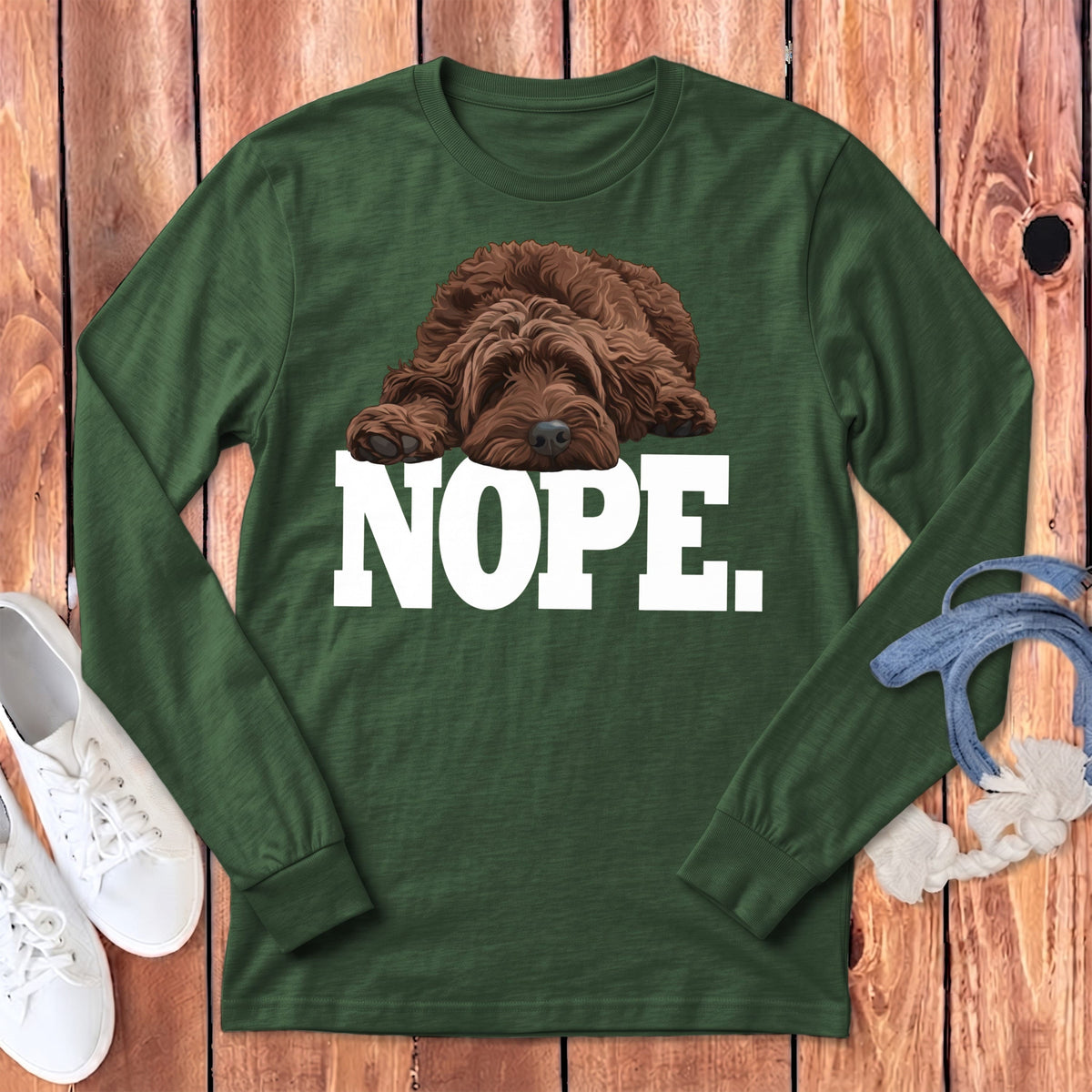 Chocolate Goldendoodle Labradoodle Nope Signature Long Sleeve T-Shirt in Heather Forest / S by Puppy Jo