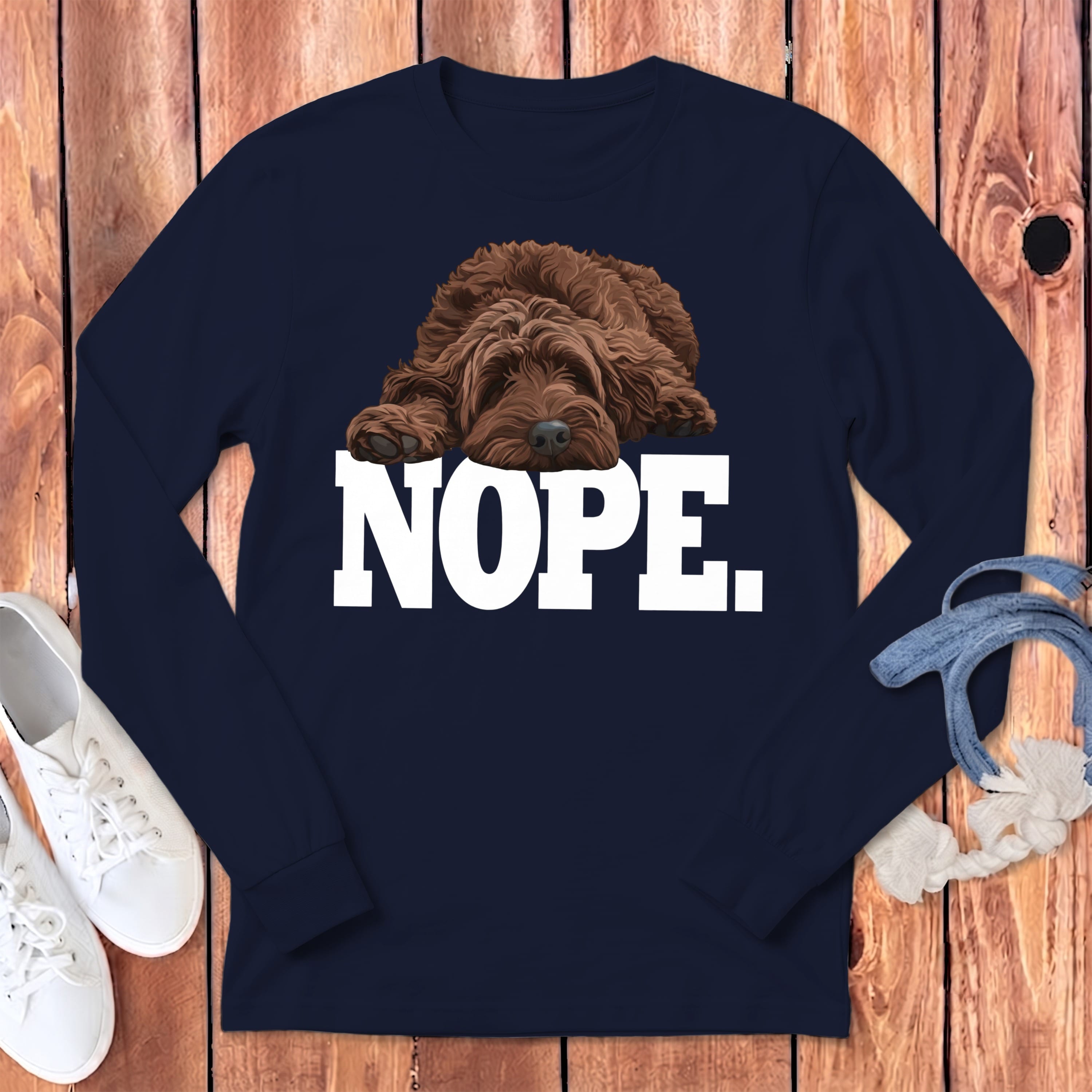 Chocolate Goldendoodle Labradoodle Nope Signature Long Sleeve T-Shirt in Navy / S by Puppy Jo